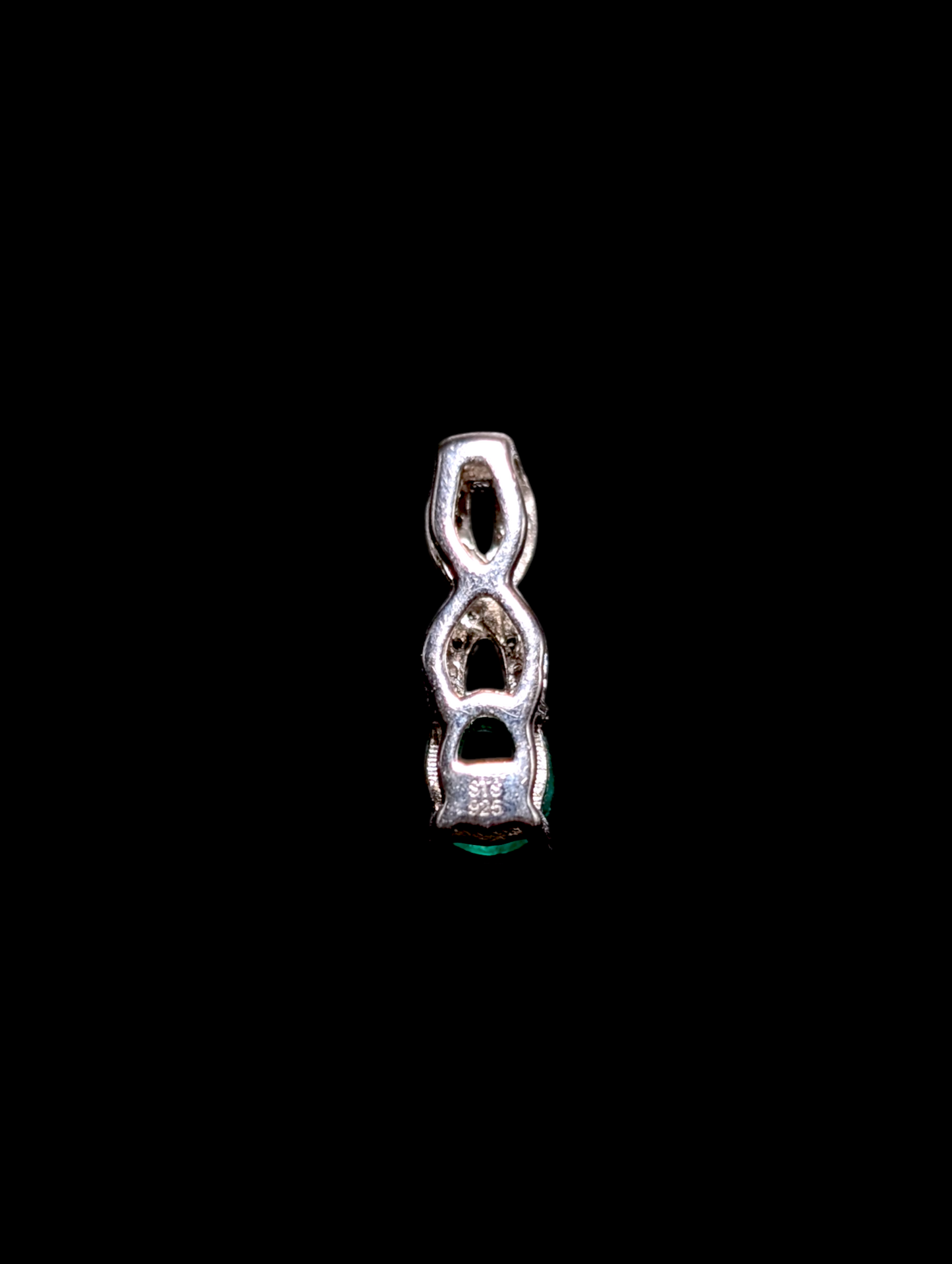 Vintage Oval Cut Genuine Green Emerald and White Zircon Sterling Silver Infinity Pendant