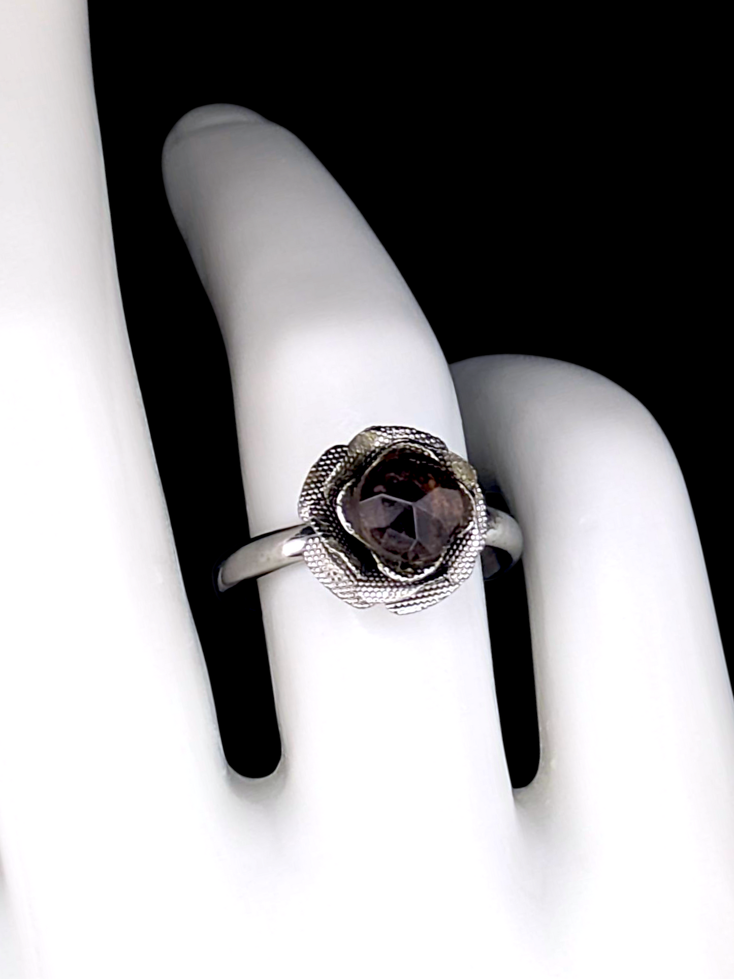 Vintage Inspired Rose Cut Simulated Smoky Quartz Solitaire on Rose Sculpted Mount Silver Toned Ring