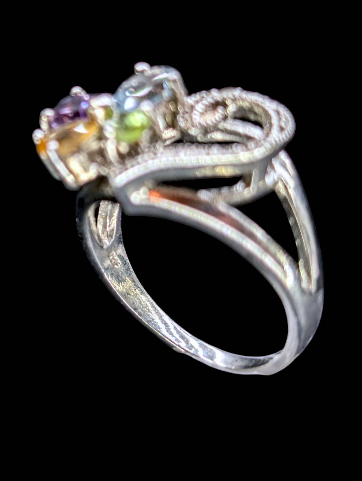 Vintage Heart Filigree Genuine Amethyst, Peridot, Citrine, Diamond and Topaz Flower Sterling Silver Ring