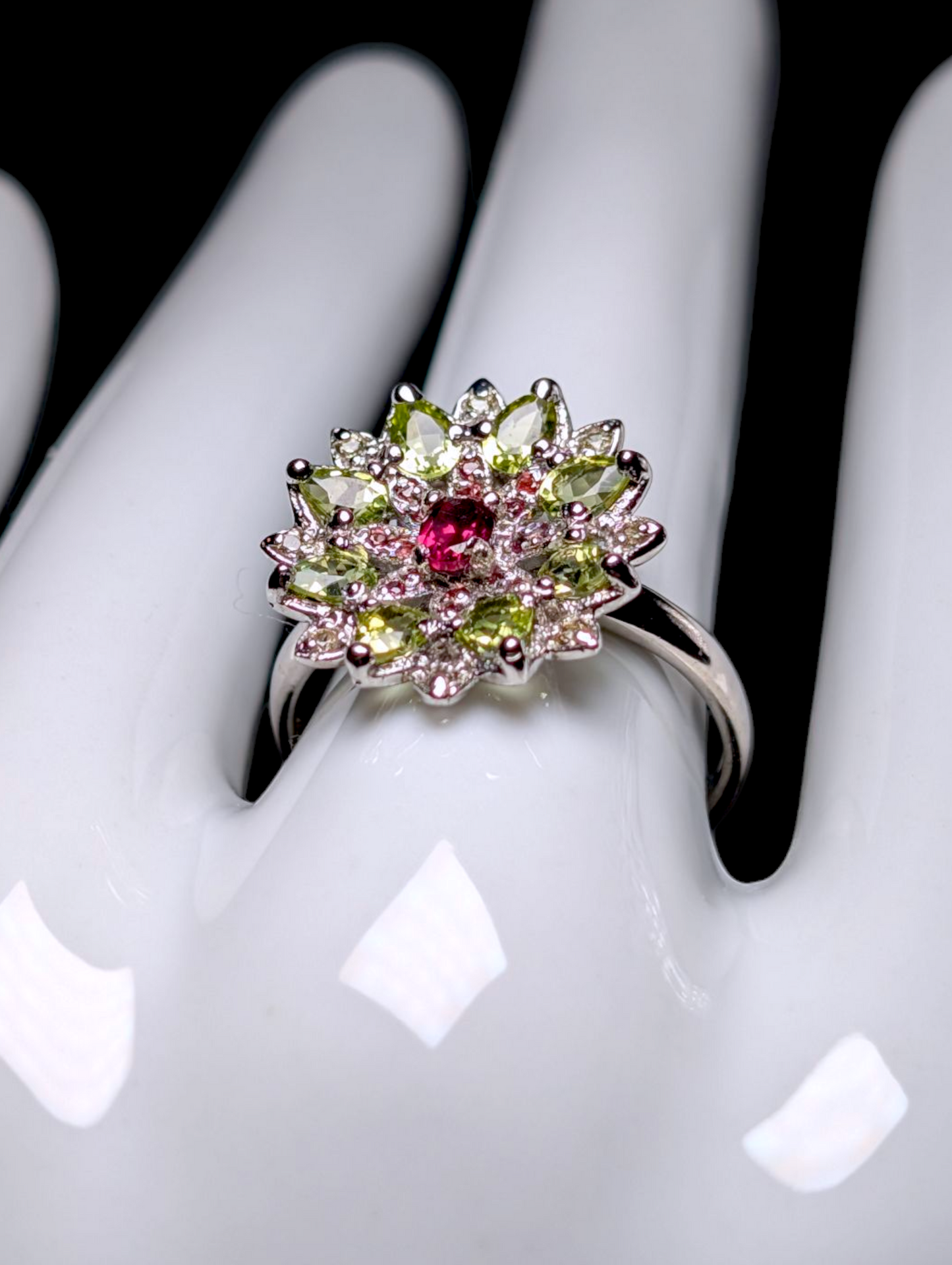 Vintage Flower Cluster Genuine Peridot, Pink Tourmaline and White Topaz Sterling Silver Statement Ring