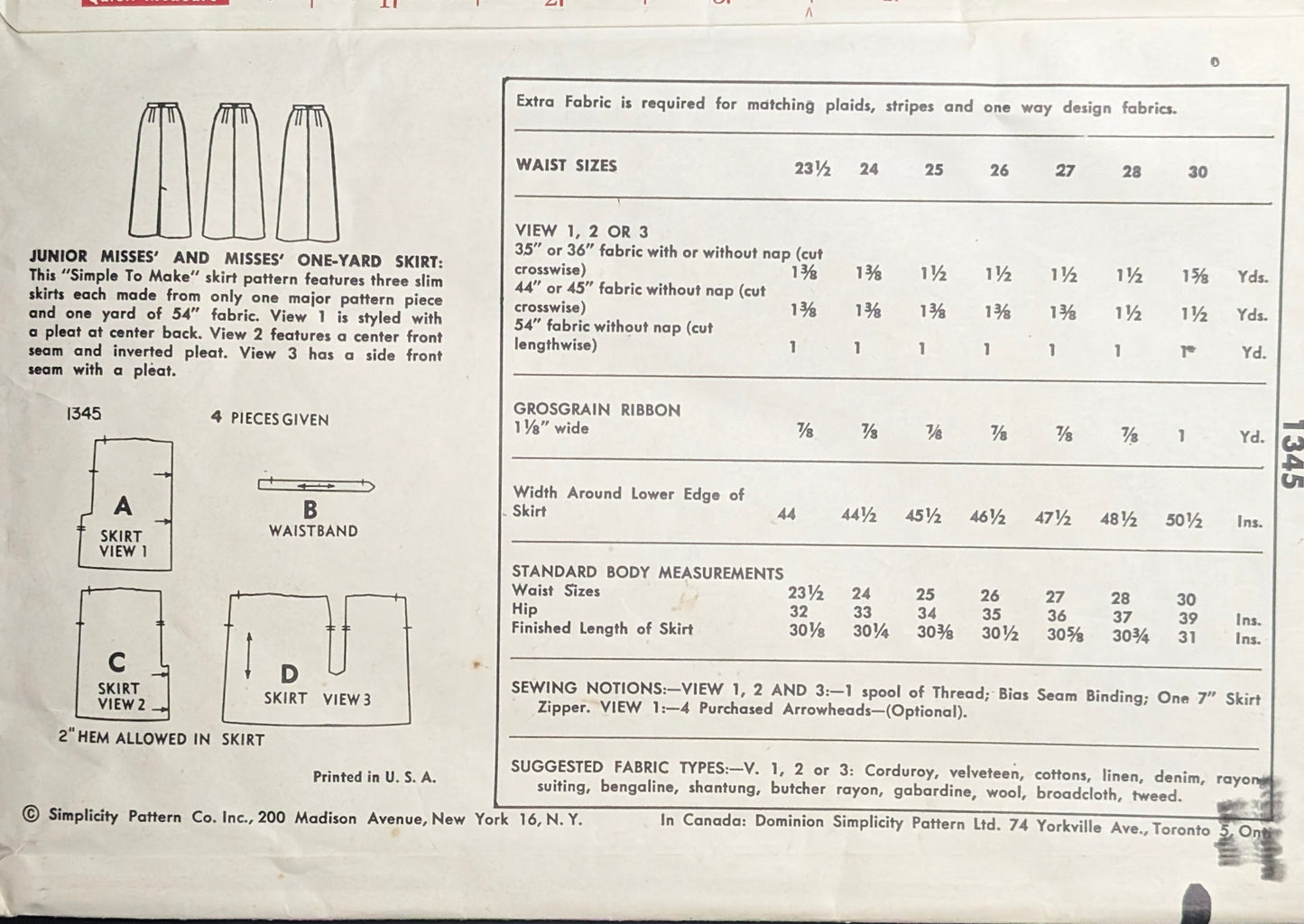 1950s - 1970s Original Vintage Sewing Pattern: Simplicity 1345 Waist 23.5" Hip 32"