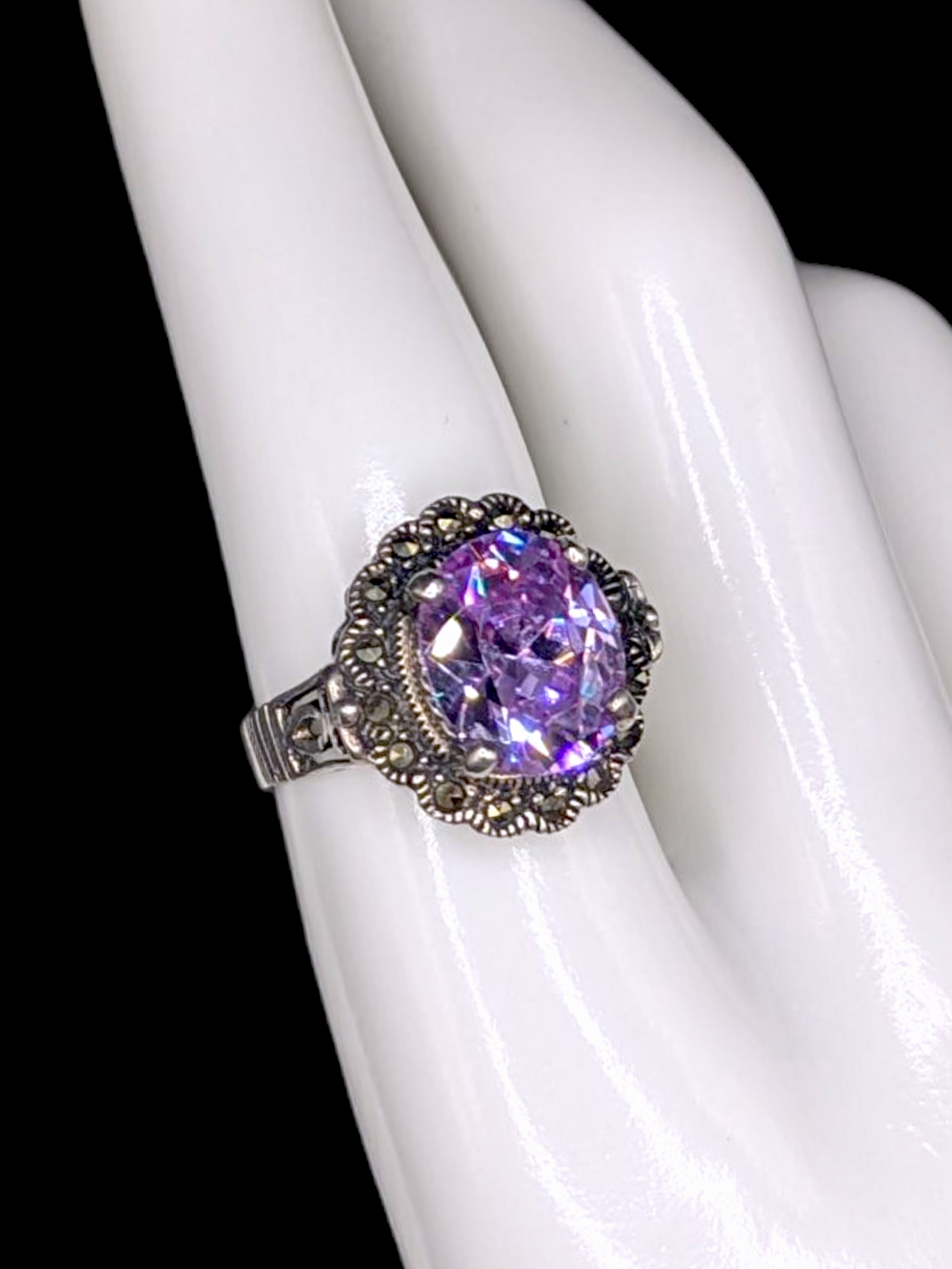 Vintage Inspired Oval Cut Purple Sapphire Solitaire on Gorgeous Ornate Mount Silver Toned Ring