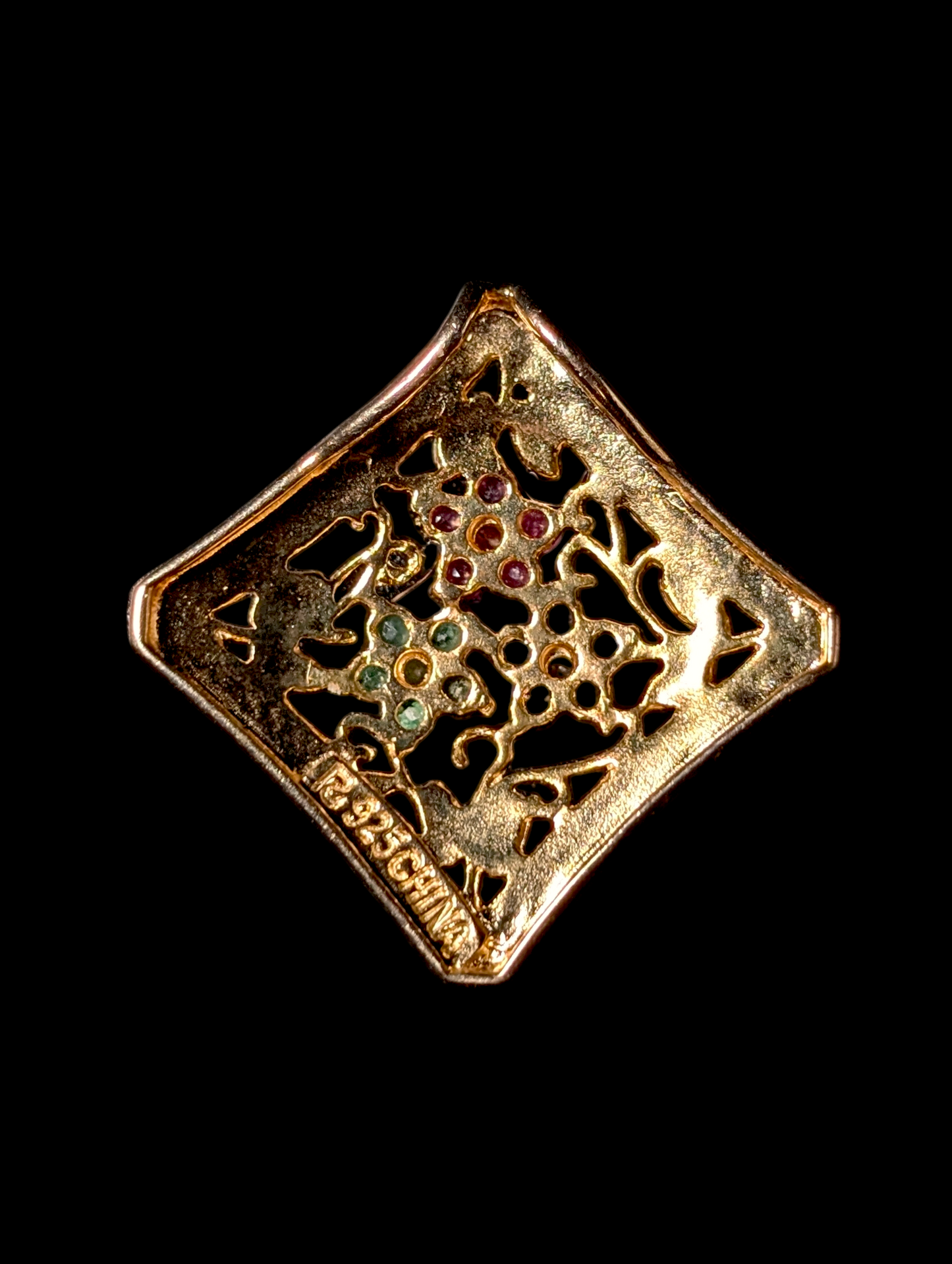 Vintage Flower 3 Stone Genuine Ruby, Sapphire and Emerald with Diamond Accents Yellow Gold over Sterling Pendant