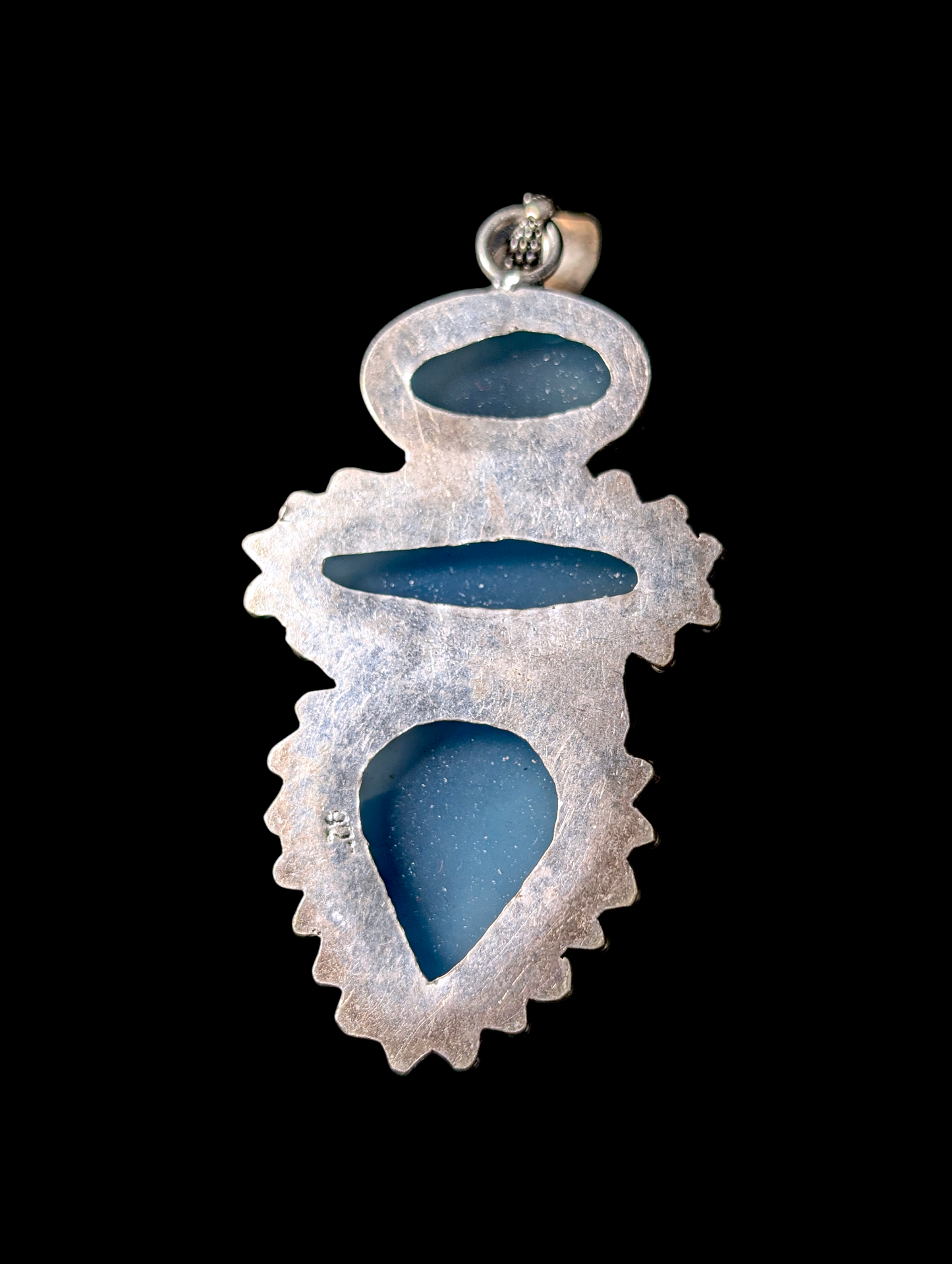 Vintage Artisan 3 Tiered Genuine Blue Chalcedony Sterling Silver Studded Pendant