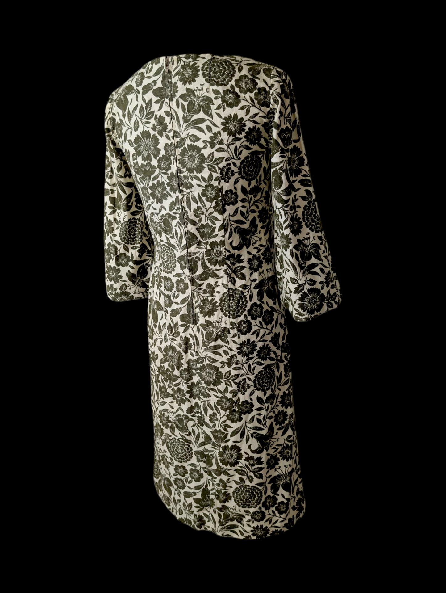 1960s Vintage Mod Green and Cream Boat Neck, 3/4 Bell Sleeve, in Broadcloth Handmade Dress