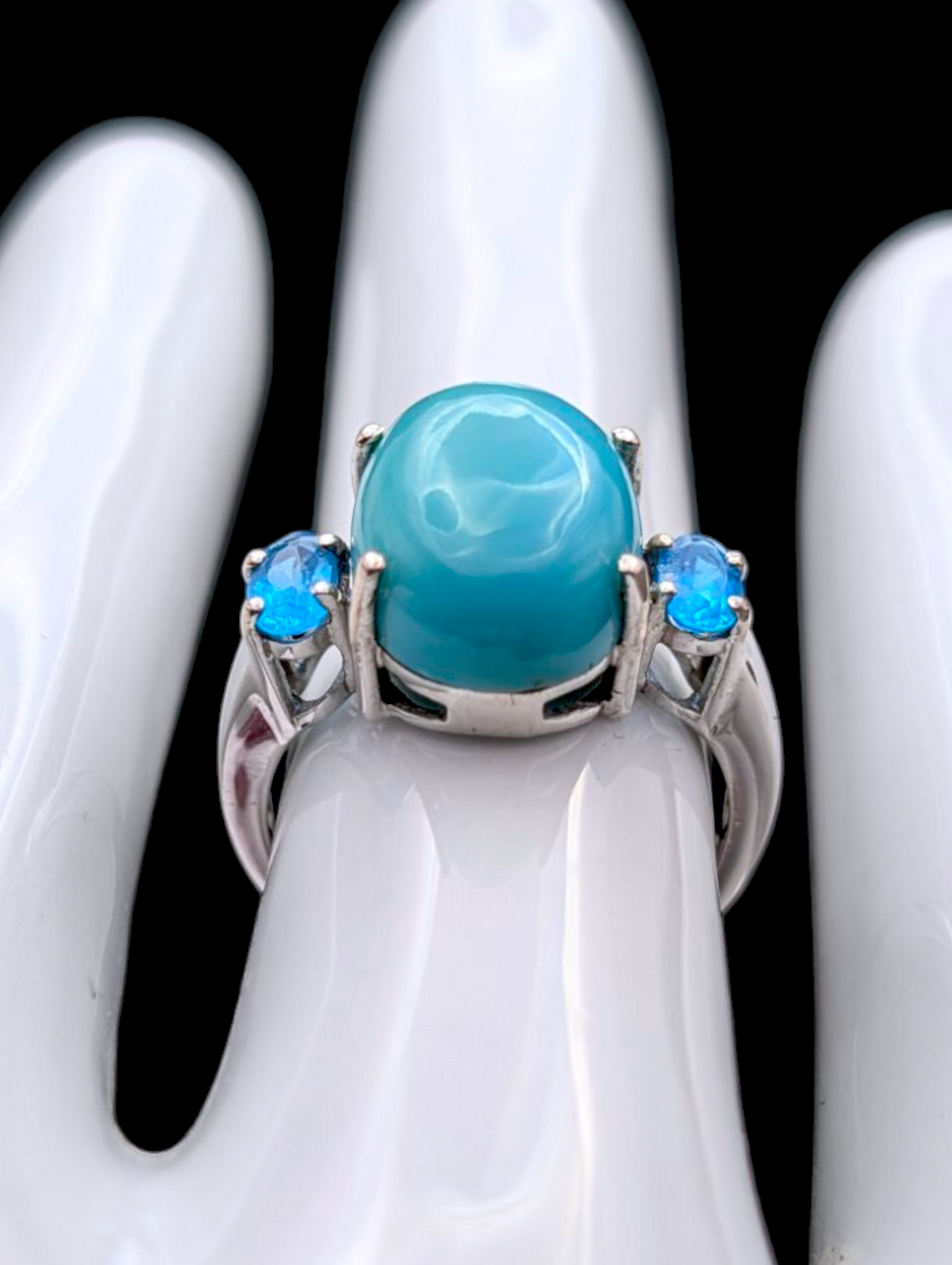 Vintage Solitaire Cabochon Genuine Sleeping Beauty Turquoise and Simulated Topaz Sterling Silver Ring