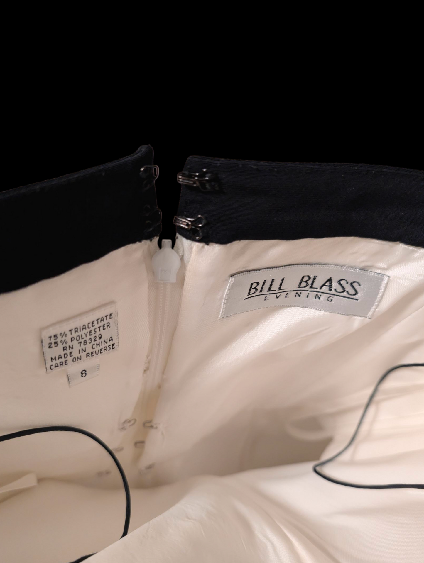 1980s Couture Designer Bill Blass White and Black Hourglass Evening Dress with Hot Pink Color Blocking, Asymmetrical Neckline, Decorative Accent Bow and Spaghetti Straps