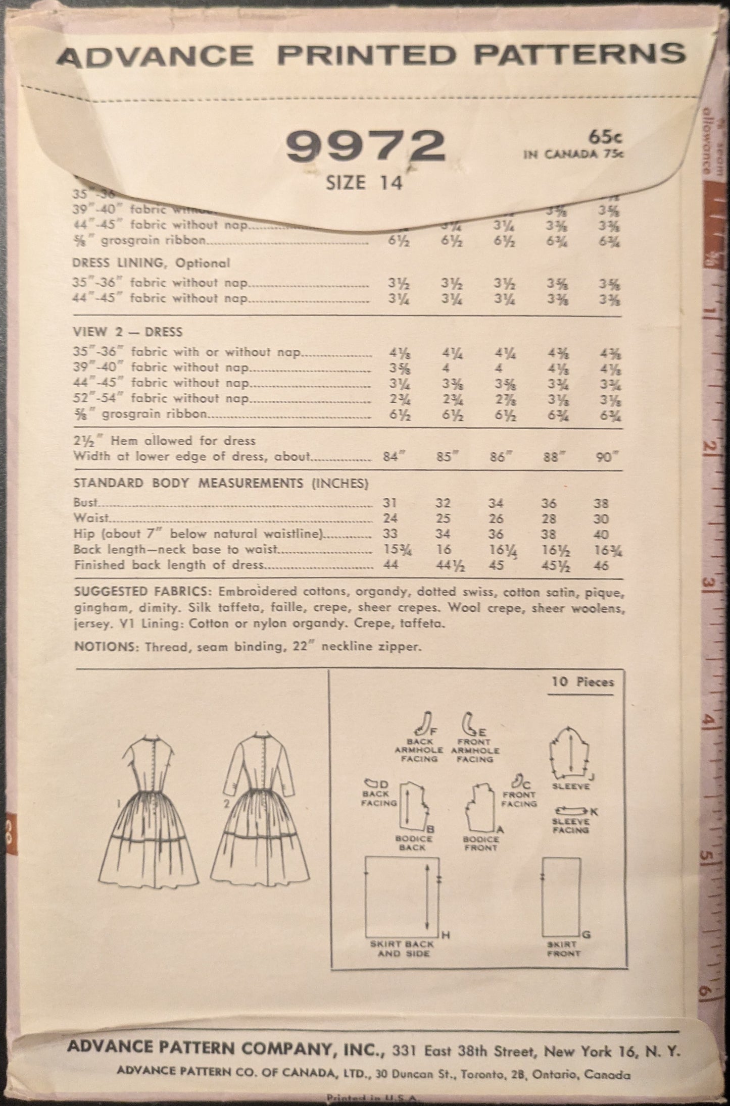 1950s Vintage Advance 9972 Sewing Pattern Size 14