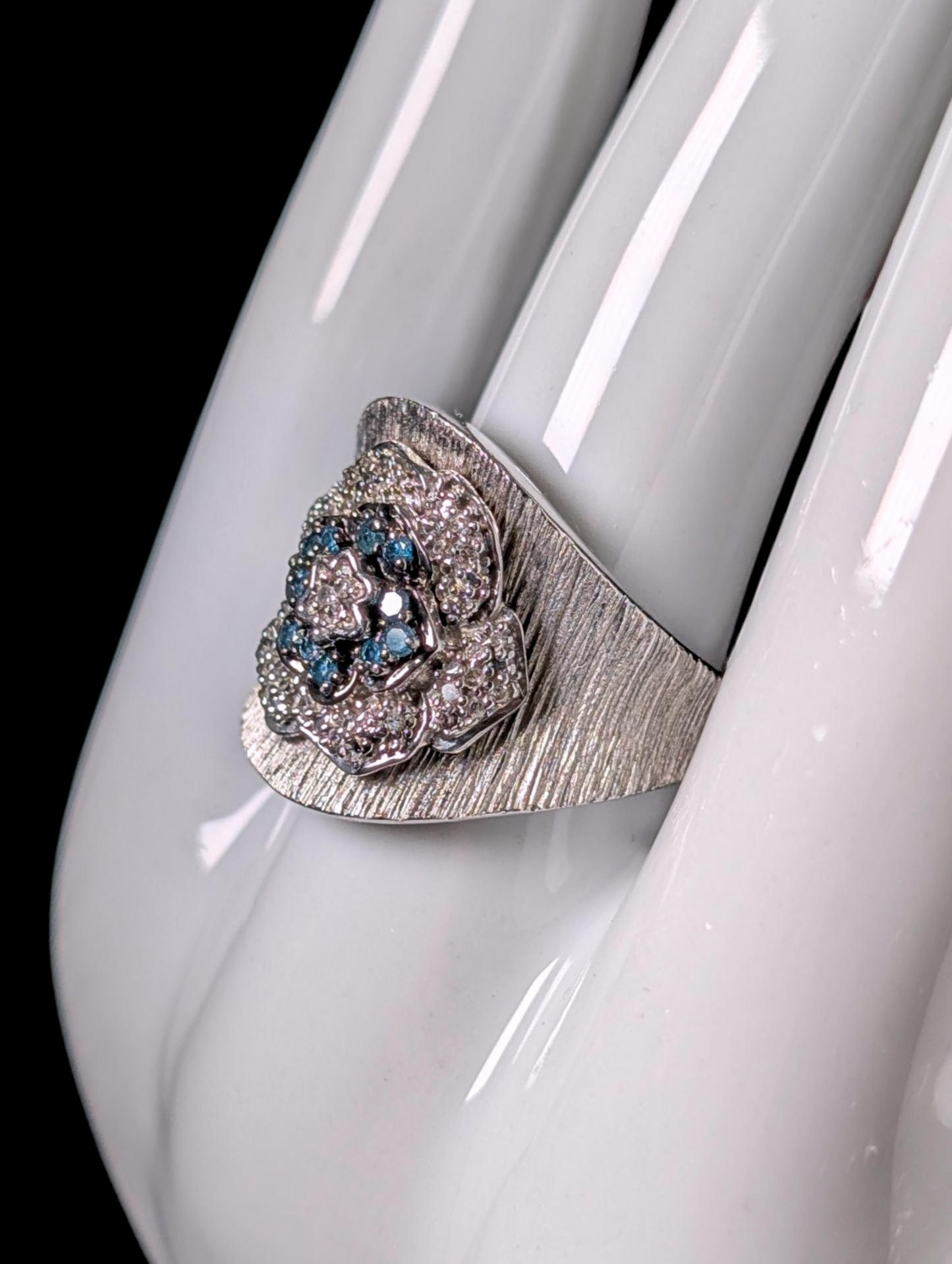 Vintage Flower Motif Genuine Blue and White Diamond Sterling Silver Wide Band Ring