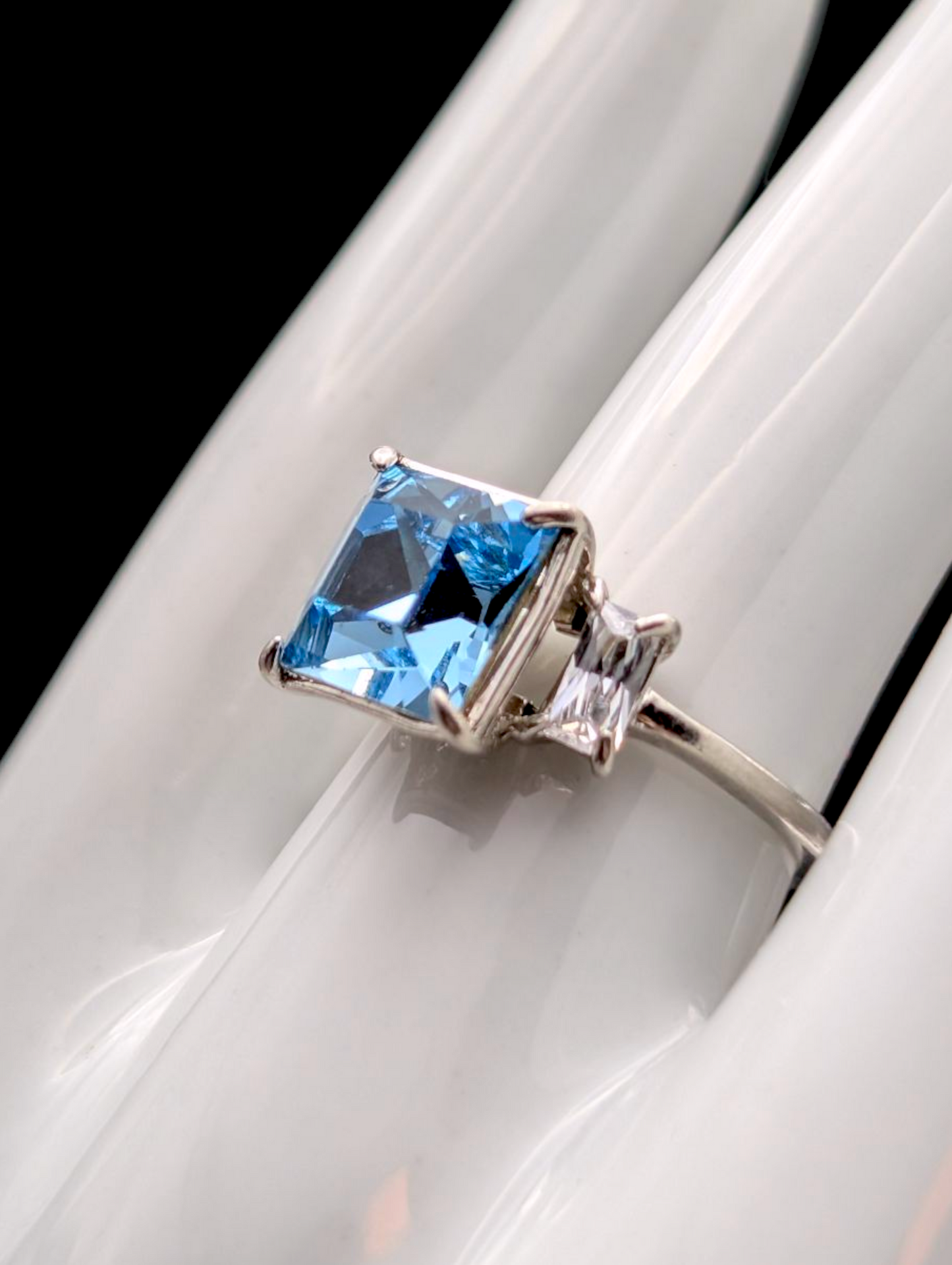 Vintage Princess Cut Simulated Swiss Blue Topaz and Simulated Diamond Silver Tone Dainty Ring