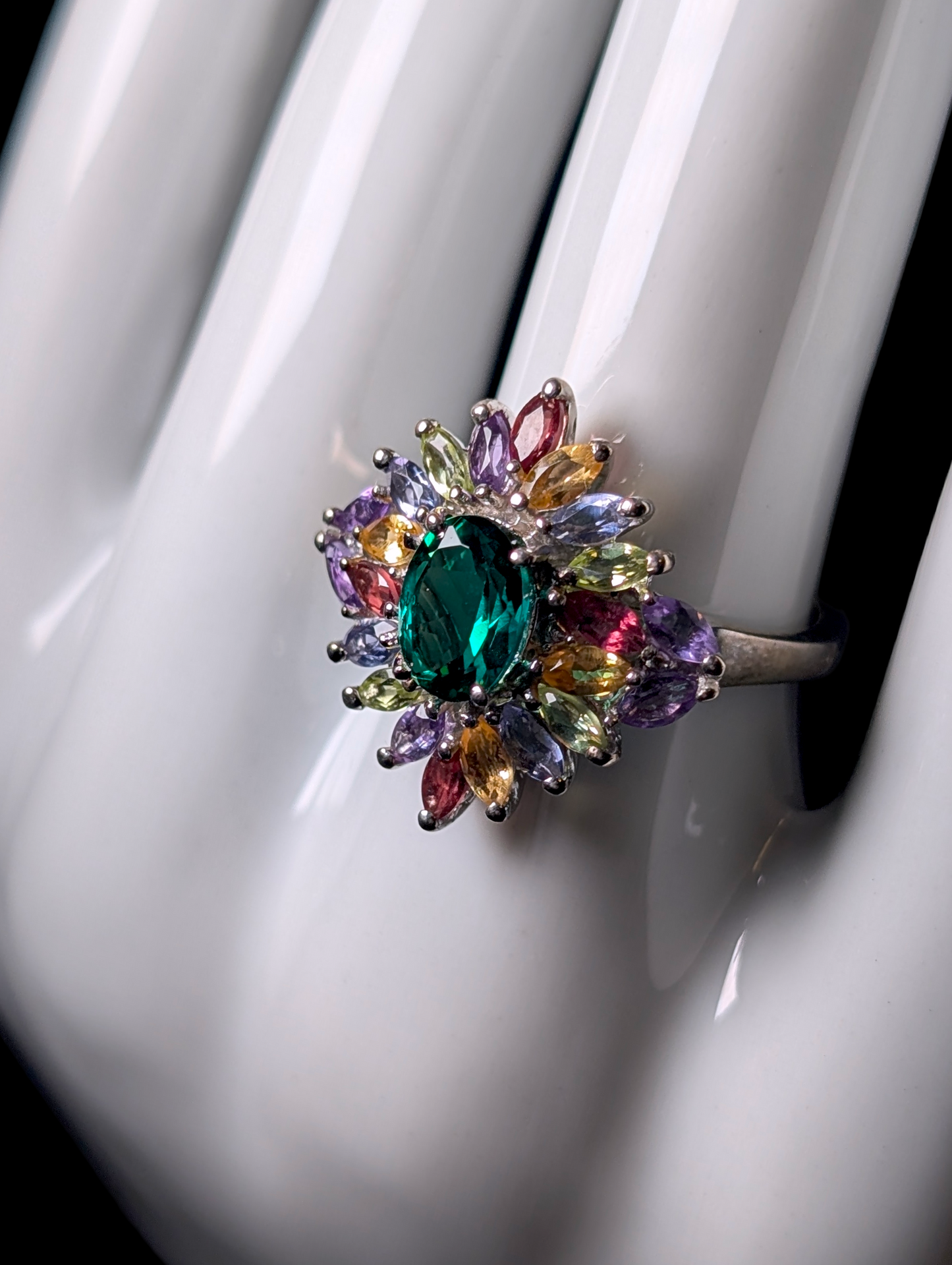 Vintage Genuine Chrome Diopside Solitaire with Multi Gemstone Starburst Cluster Sterling Silver Statement Cocktail Ring