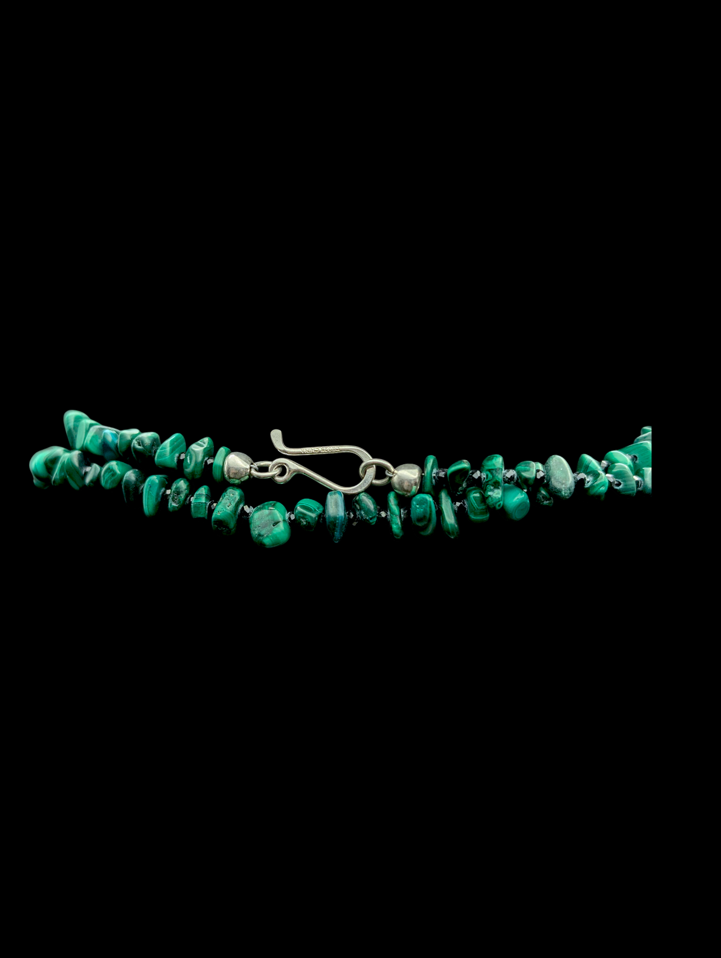 Vintage Genuine Malachite and Black Onyx Gemstone Extra Long Sterling Silver Necklace