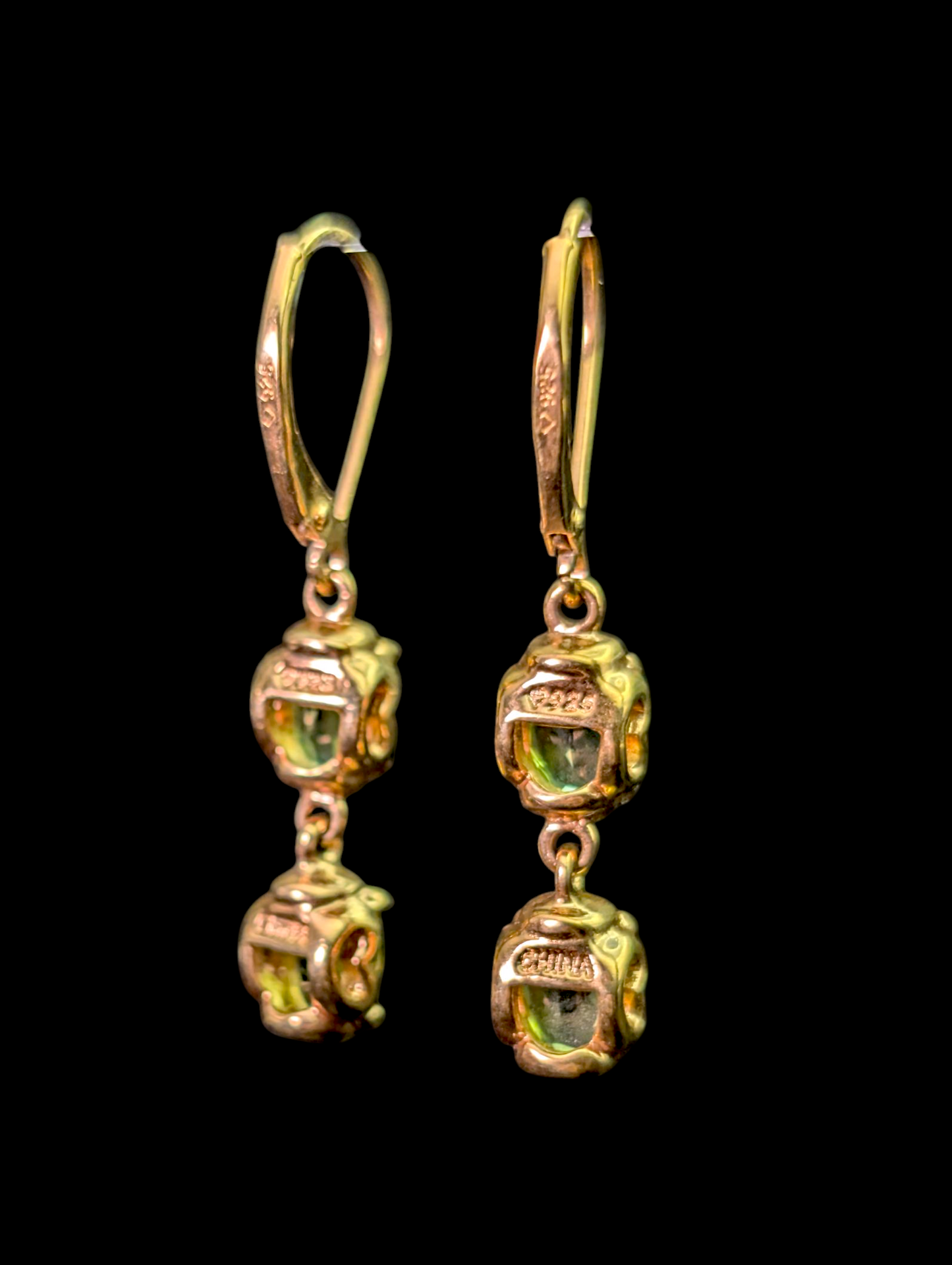 Vintage Oval Cut Genuine Peridot 18k Gold Vermeil Dangle Leverback Earrings