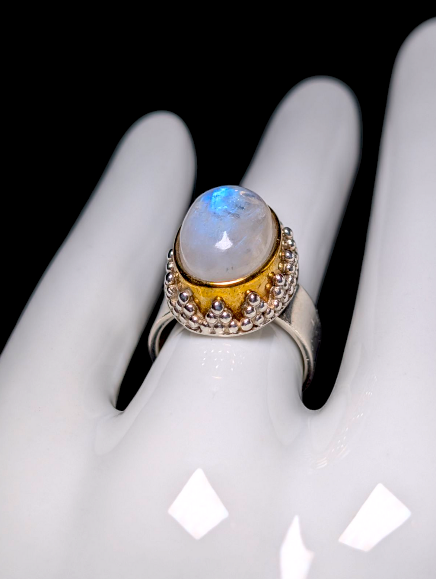 Vintage Cabochon Cut Genuine Moonstone 18k Yellow Gold Vermeil and Sterling Silver Ring