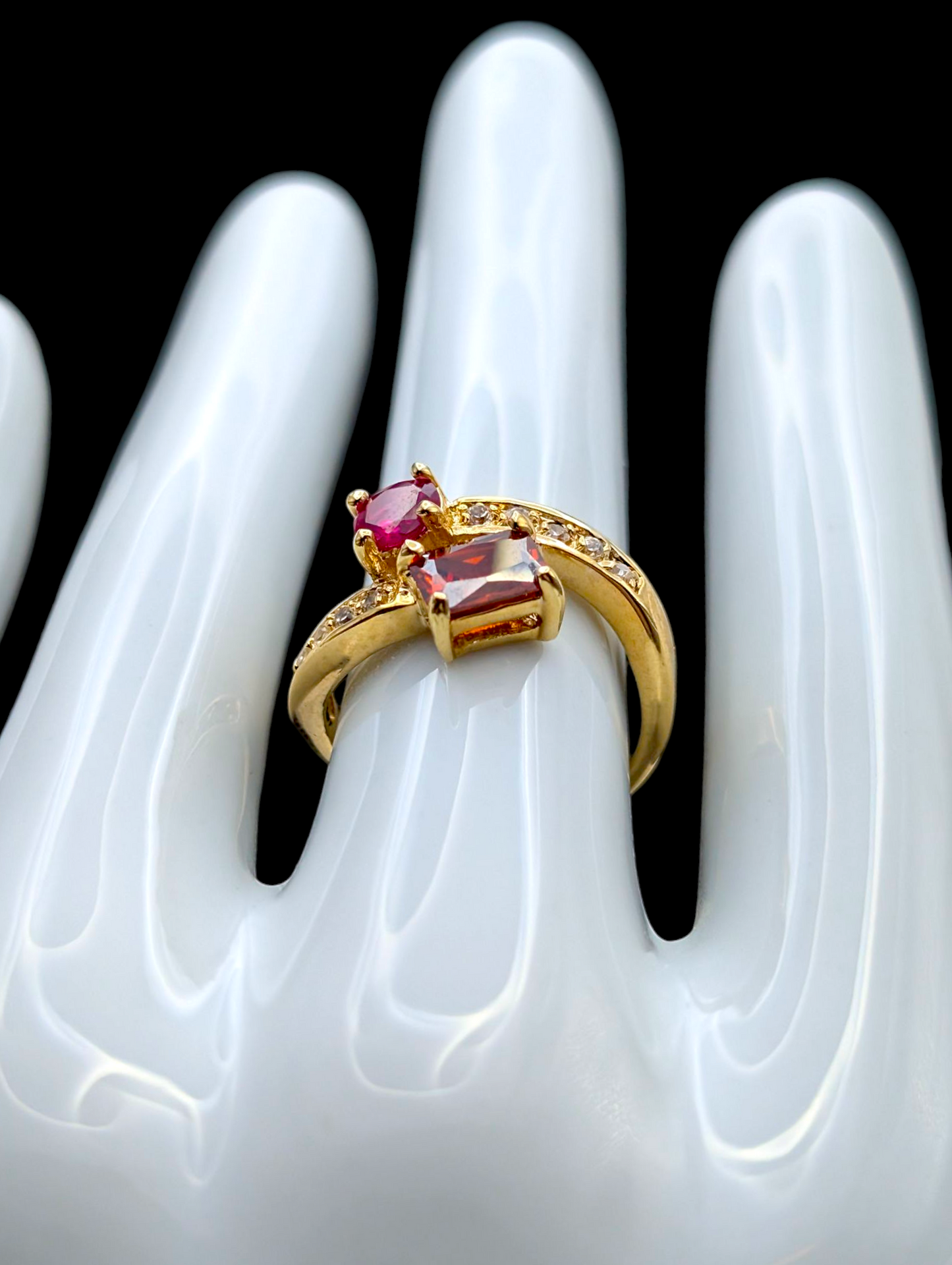 Vintage Bypass Round and Radiant Cut Genuine Ruby and Orange Spessartite Garnet with Simulated Diamond Accented Gold Toned Ring