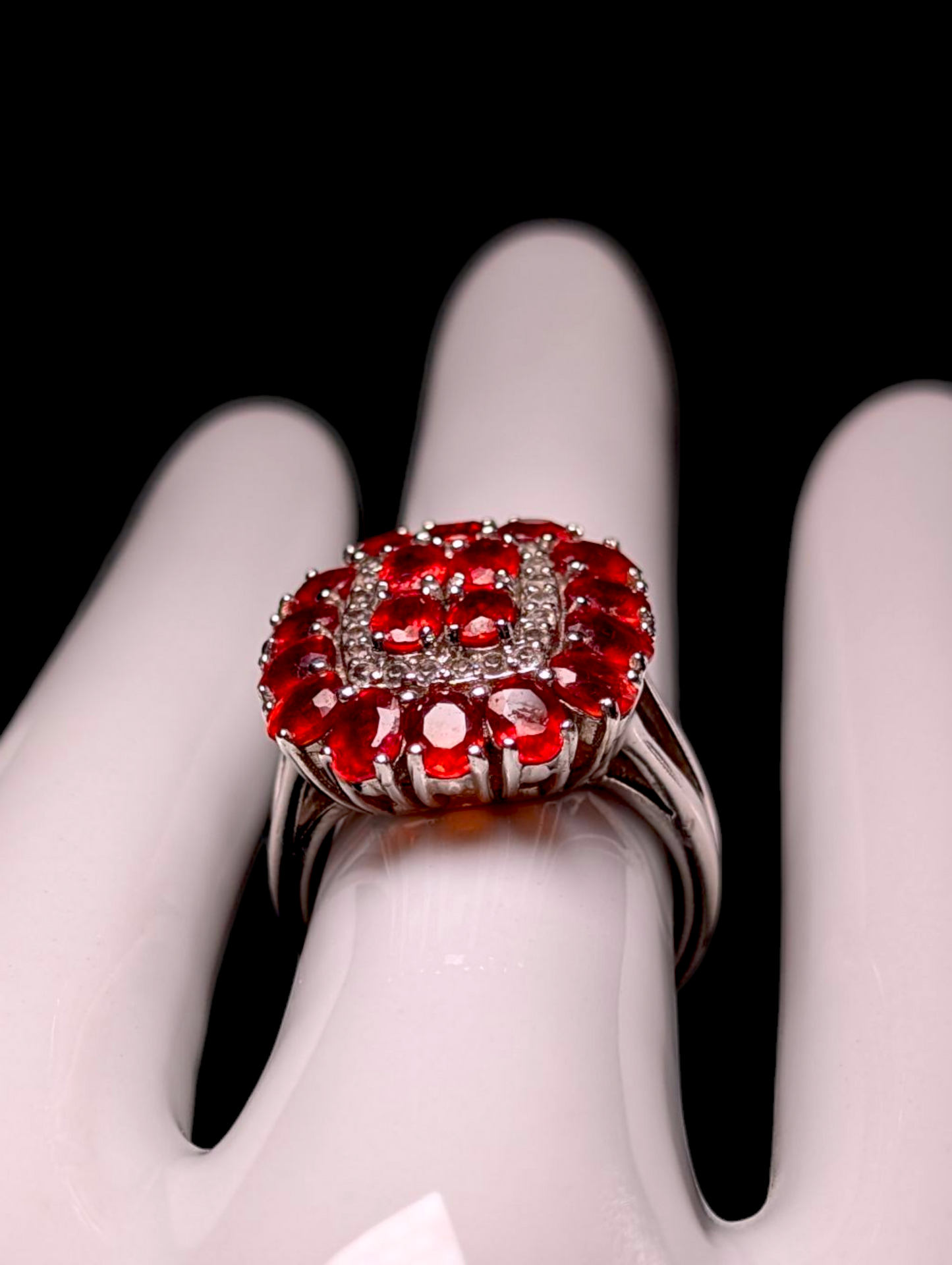 Vintage Art Deco Inspired Genuine Red Sanguine Sapphire and White Zircon Halo Sterling Silver Cluster Statement Ring