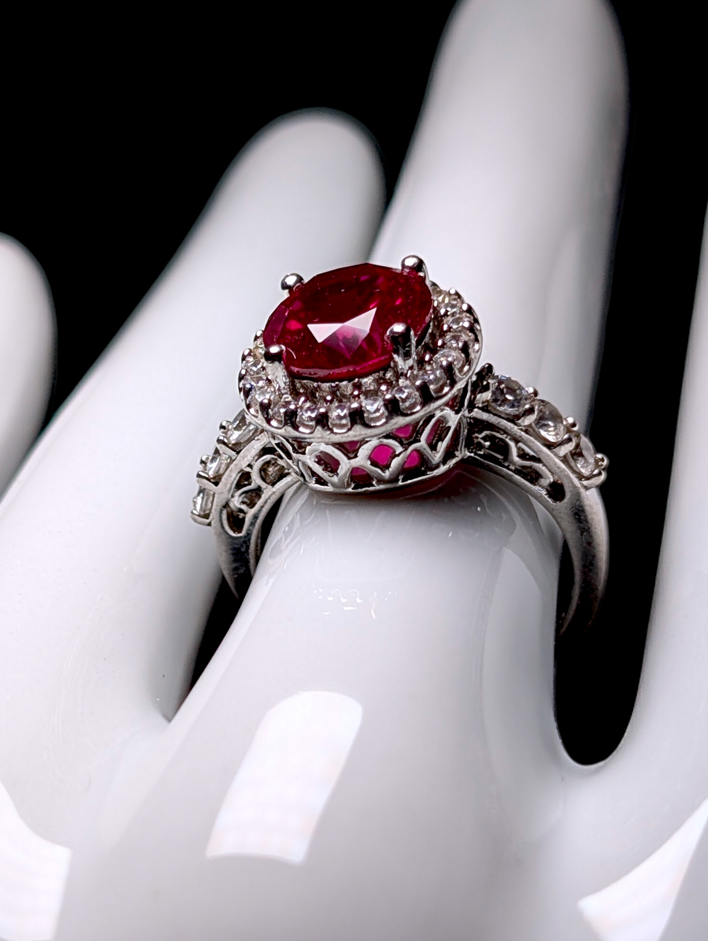 Vintage Princess Cut Genuine Ruby Solitaire and Simulated Diamond Halo Sterling Silver Ring