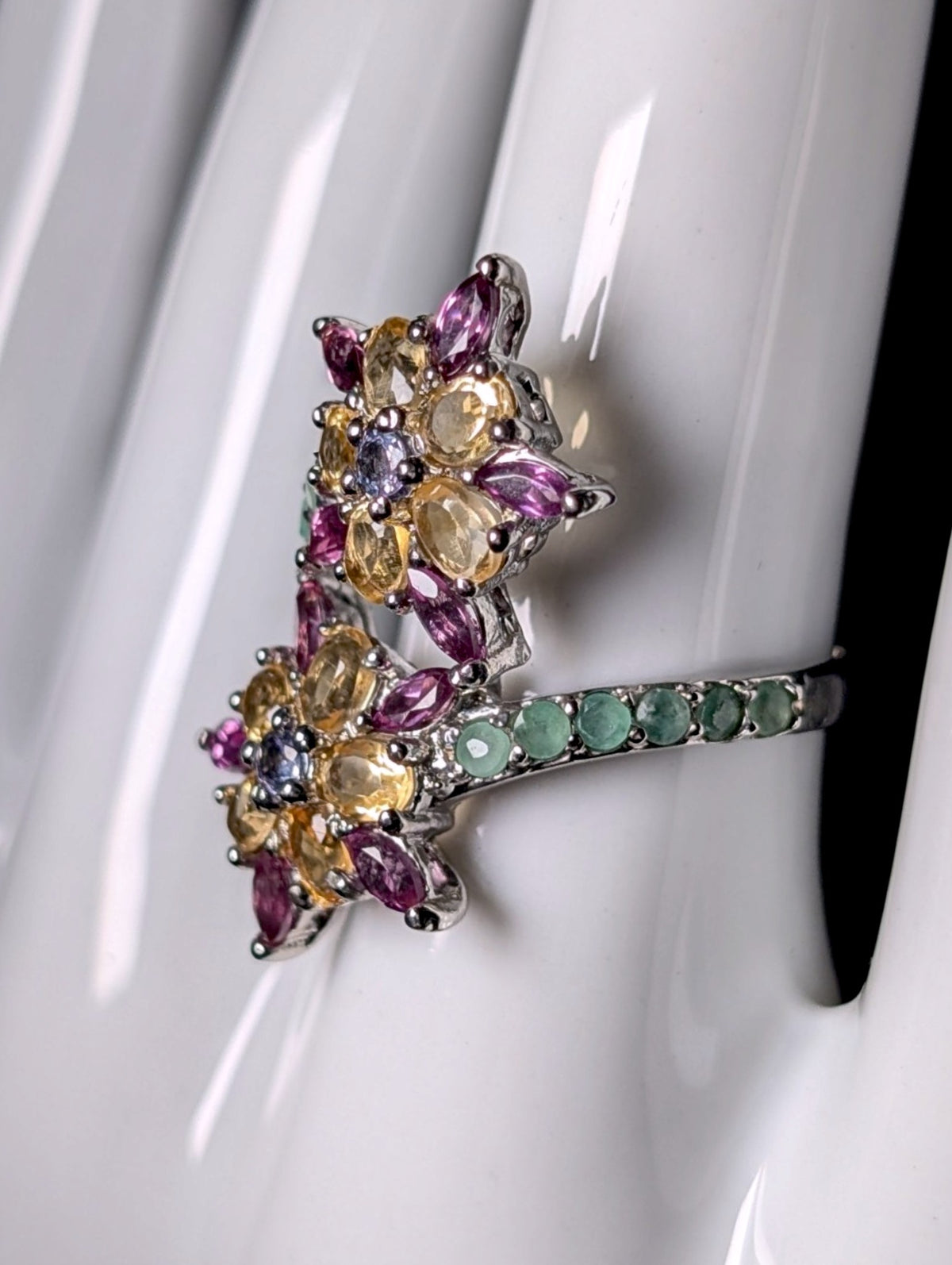 Vintage Flower Starburst Genuine Emerald, Citrine, Garnet and Tanzanite Sterling Silver Wrap Ring