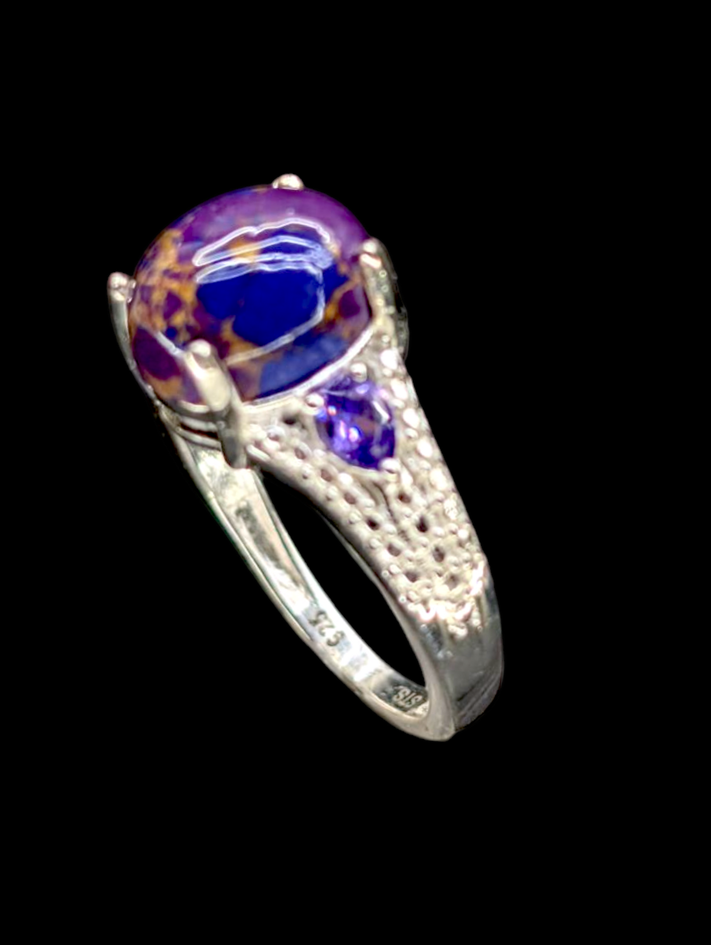 Vintage Genuine Purple Turquoise and Amethyst Sterling Silver Ring