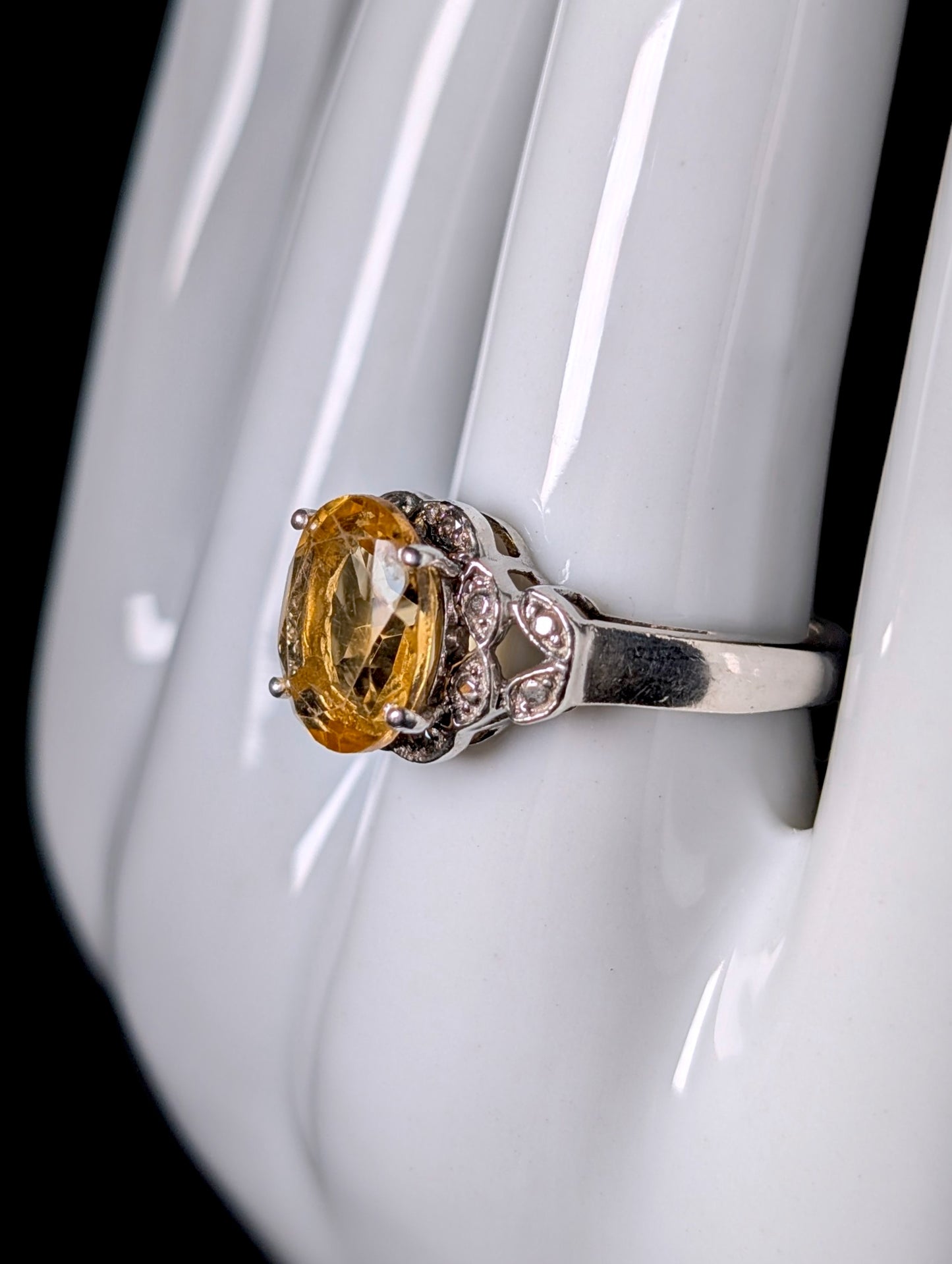 Vintage Large Oval Solitaire Genuine Citrine and Diamond Sterling Silver