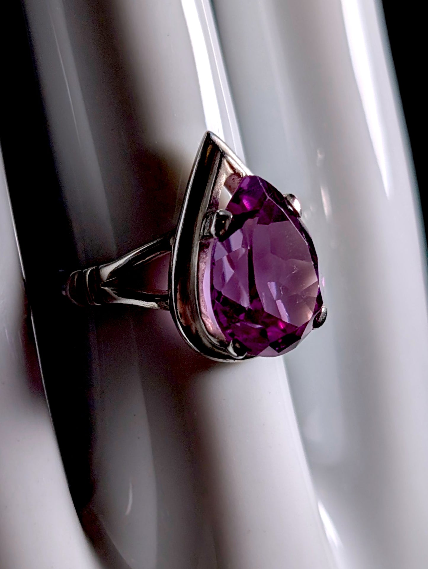 Vintage Pear Cut Solitaire Genuine Purple Sapphire Sterling Silver Ring