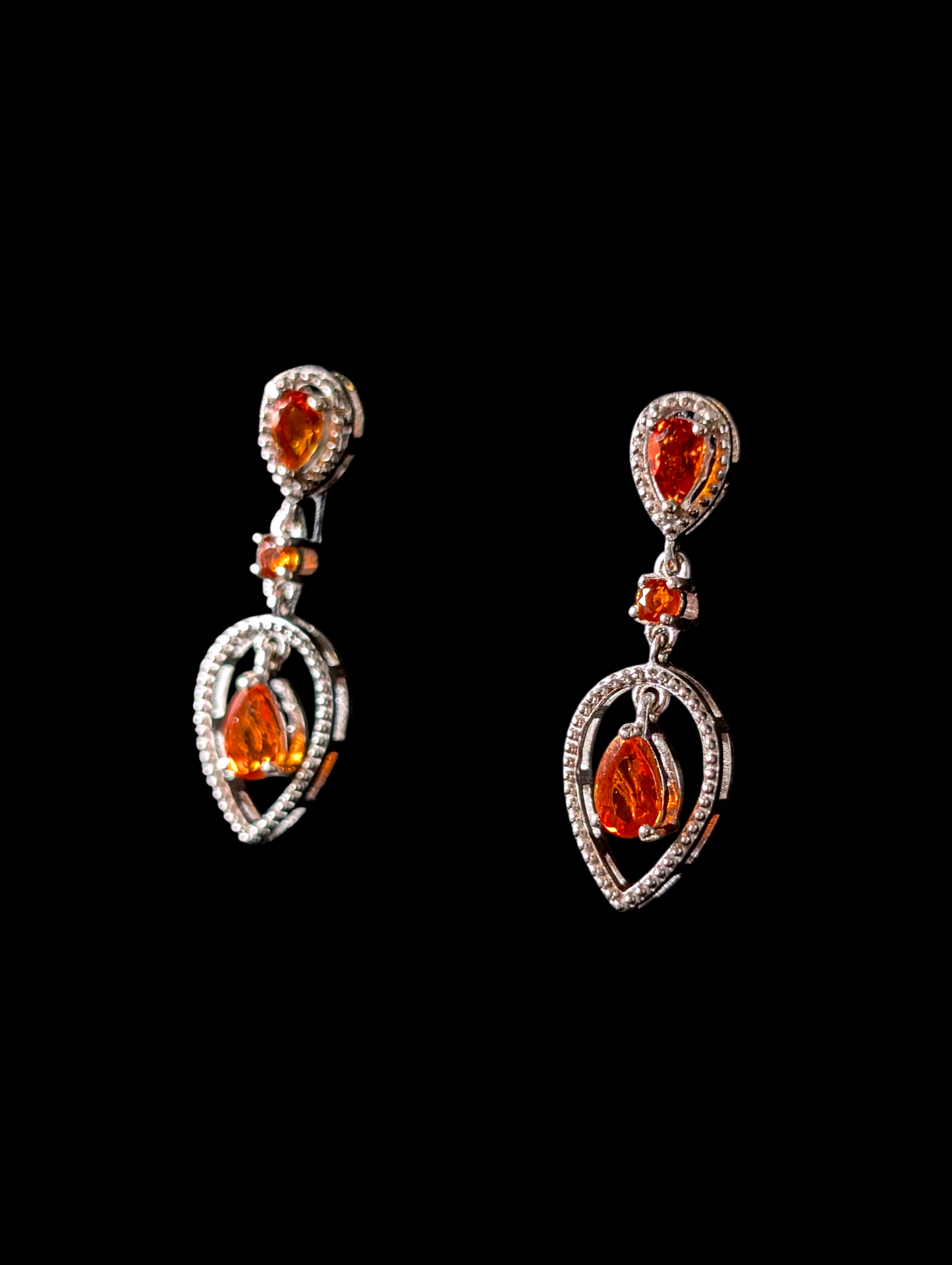 Vintage Inspired Drop Genuine Mandarin Garnet Sterling Silver Filigree Dangle Earrings