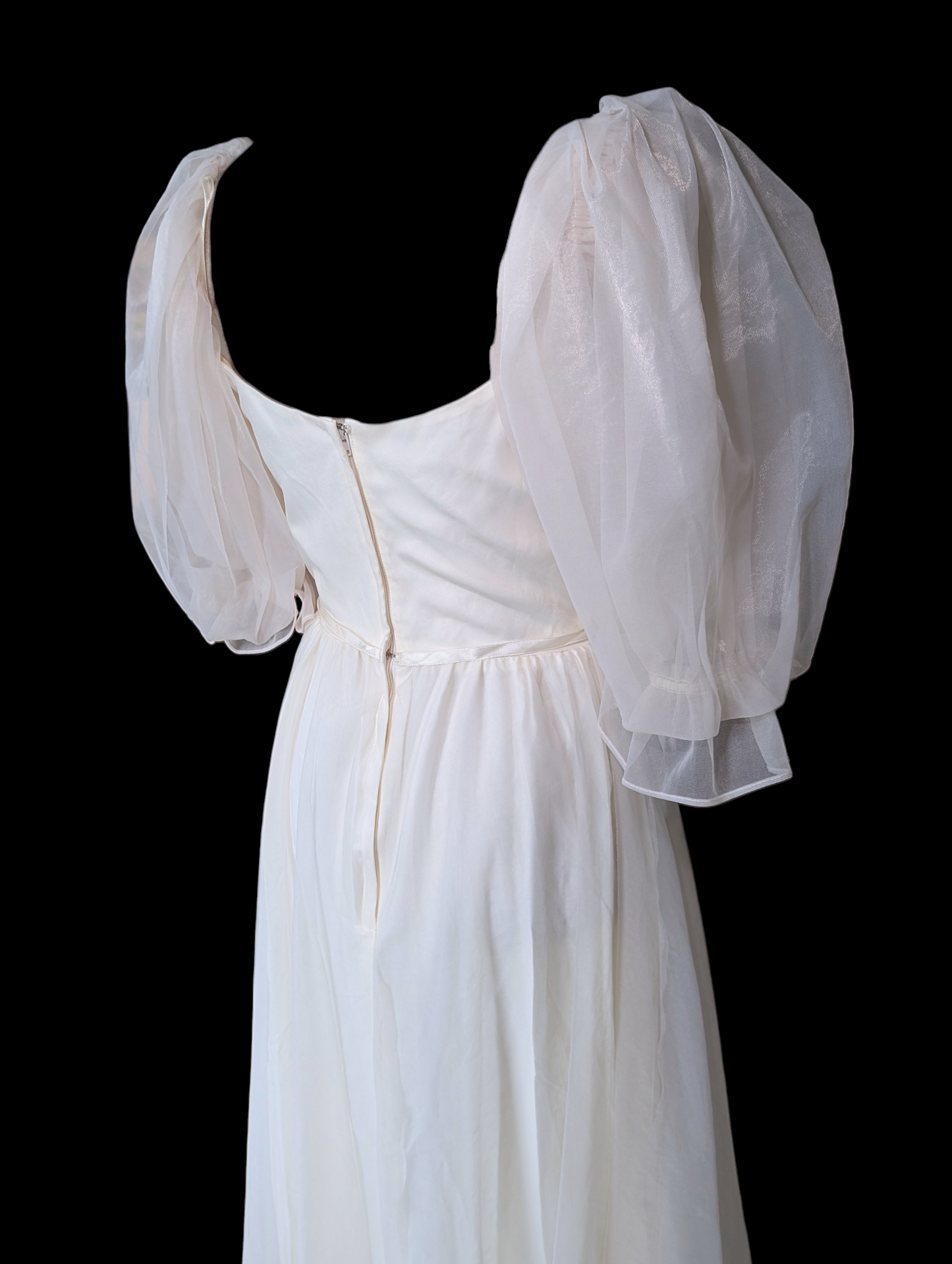 Vintage Chiffon Tea Length Soft White Wedding Dress with Puff Sleeves and Satin Ribbon