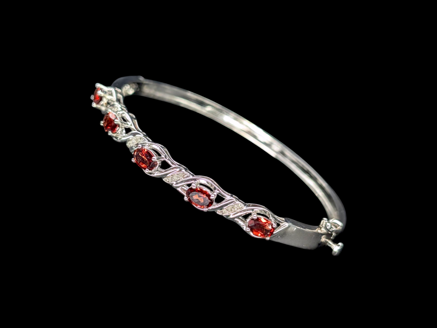 Vintage Genuine Garnet and Diamond Gemstone Sterling Silver Bracelet