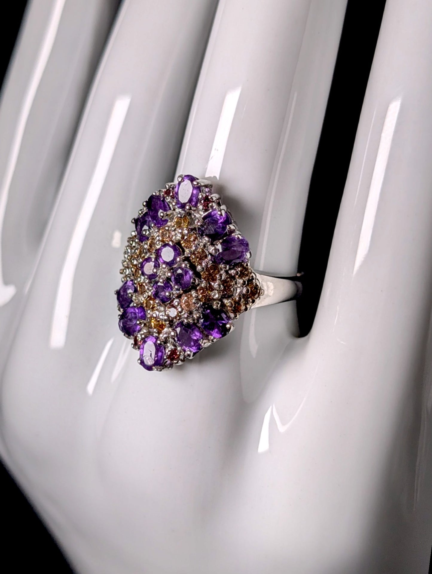 Vintage Genuine Amethyst, Sapphire and Garnet Sparkling Cocktail Ring