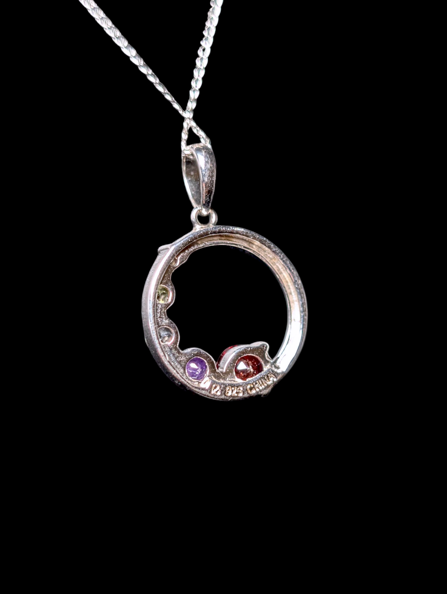 Vintage Dainty Circle Multi-Stone Genuine Garnet, Amethyst, Topaz, Peridot, and Citrine Sterling Silver Pendant