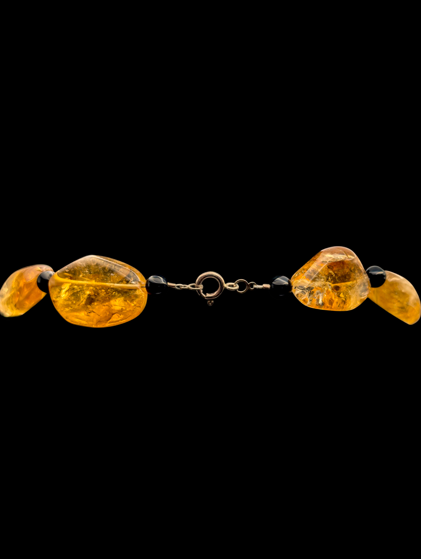 Vintage Polished Earth Mined Genuine Golden Citrine Nugget and Black Onyx Bead Sterling Silver Statement Necklace