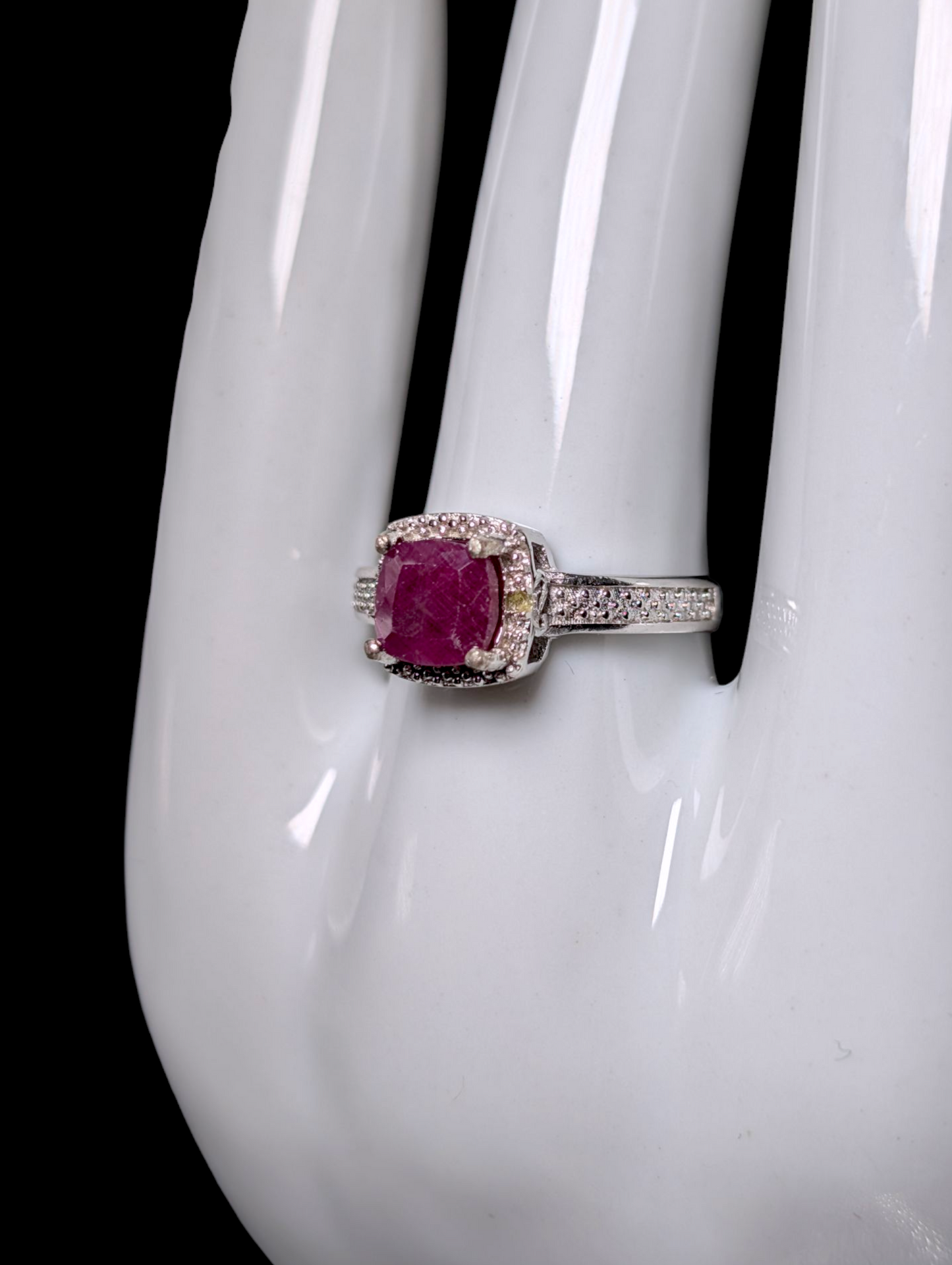 Vintage Earth Mined Cushion Cut Genuine Red Ruby Solitaire with Diamond Accented Halo Sterling Silver Ring