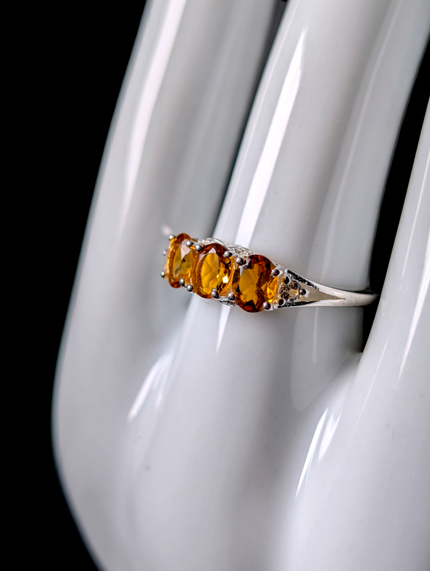 Vintage Oval Cut Three Stone Genuine Golden Citrine with White Topaz Accent Stones Sterling Silver Ring