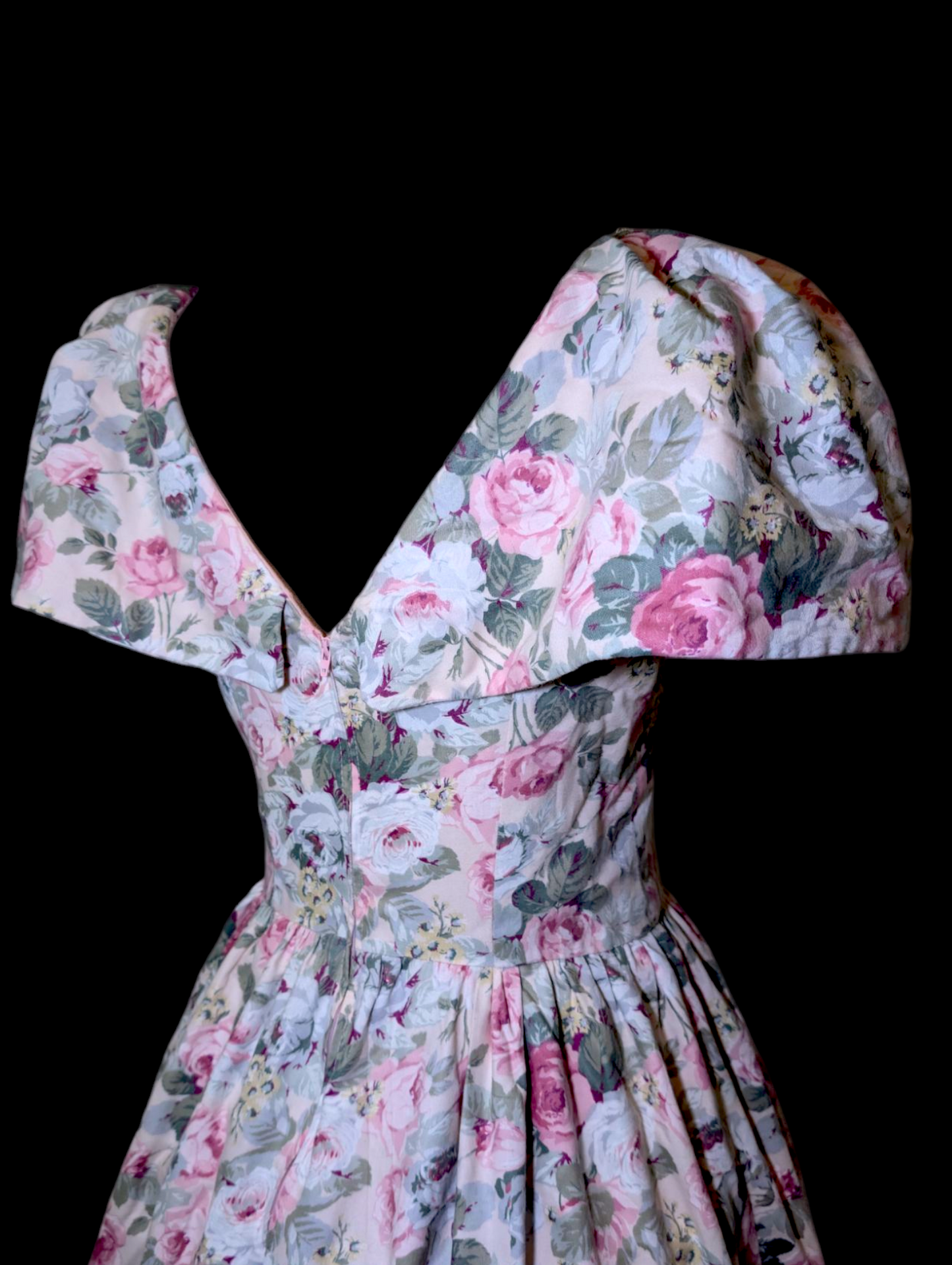 1980s Pink Off the Shoulder Floral Princess Drop Waist Pleated Dress with Rosette