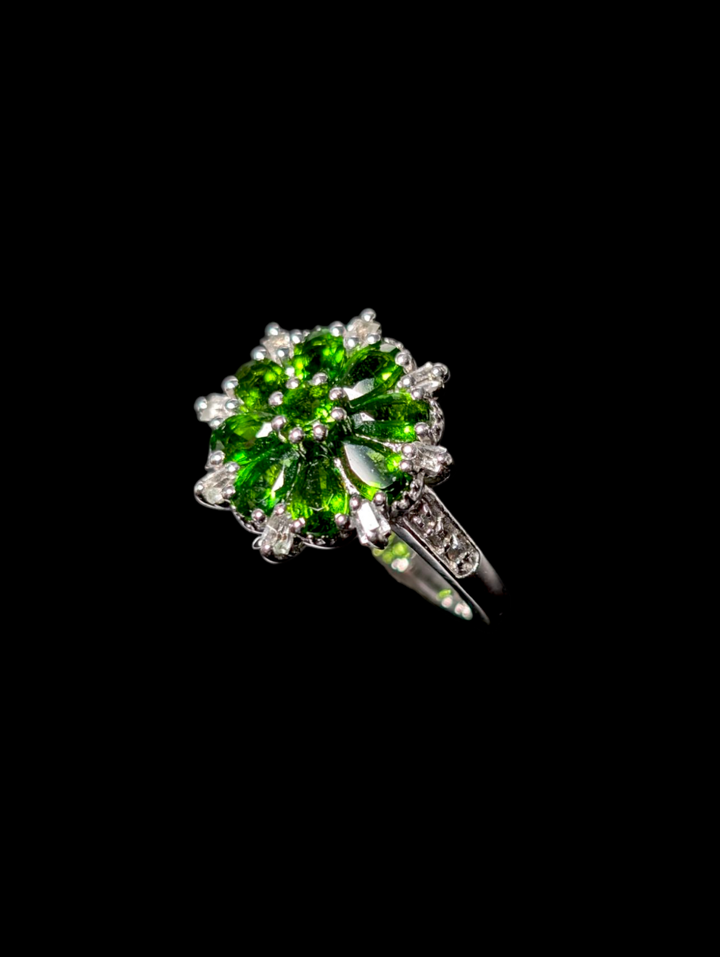 Vintage Flower Cluster Genuine Chrome Diopside and White Topaz Sterling Silver Ring
