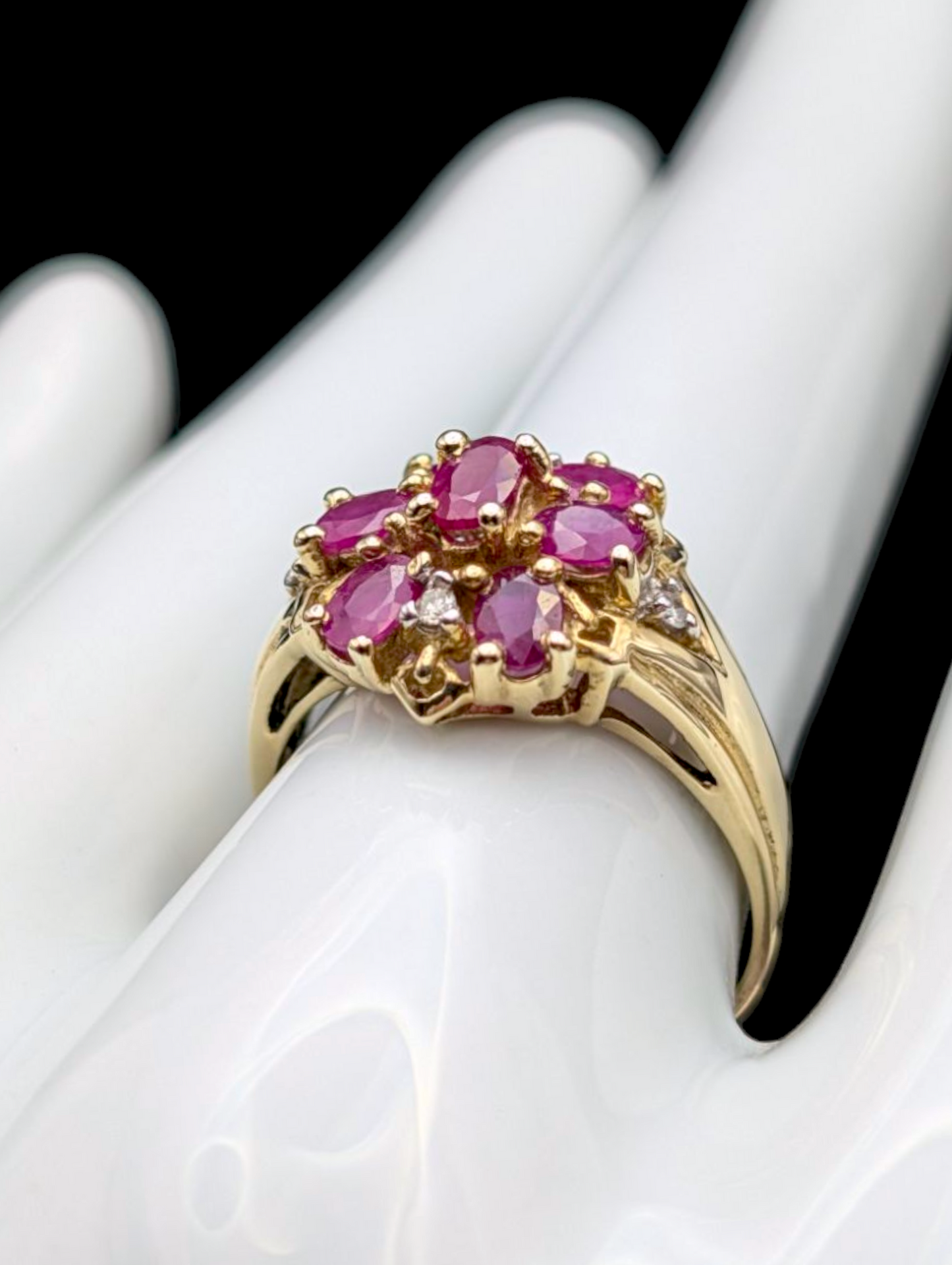 1910's Antique Edwardian Designer Abraham David Loewenstark 1.8 Carat 10k Solid Gold Earth Mined Genuine Burma Ruby Cluster and Diamond Accent Ring