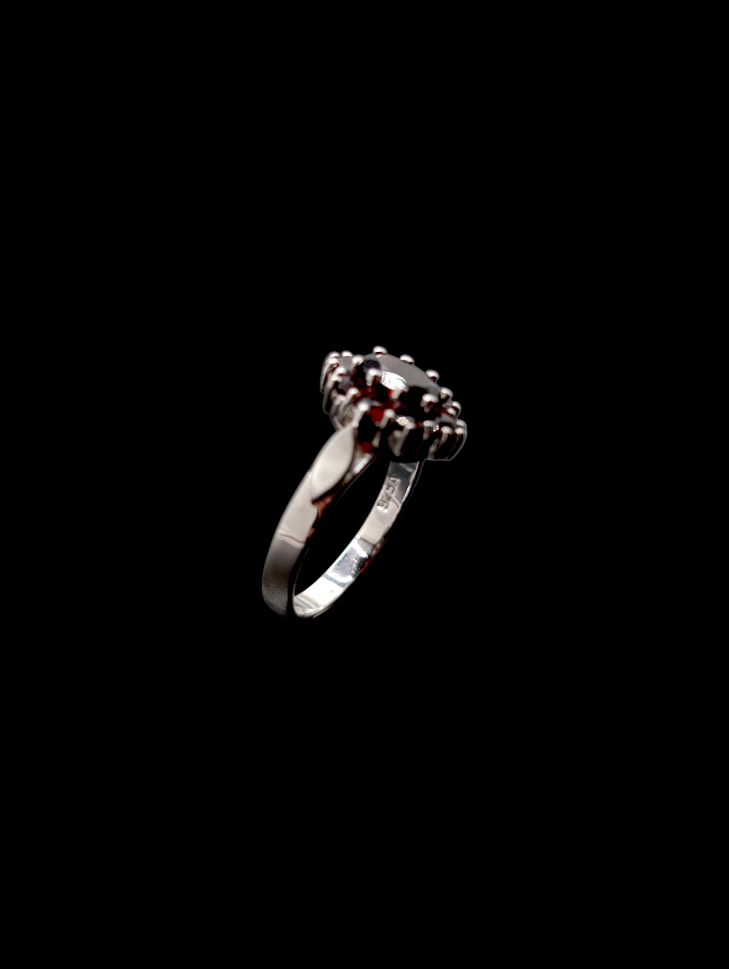 Vintage Dainty Genuine Pyrope Garnet with Starburst Halo Sterling Silver Ring