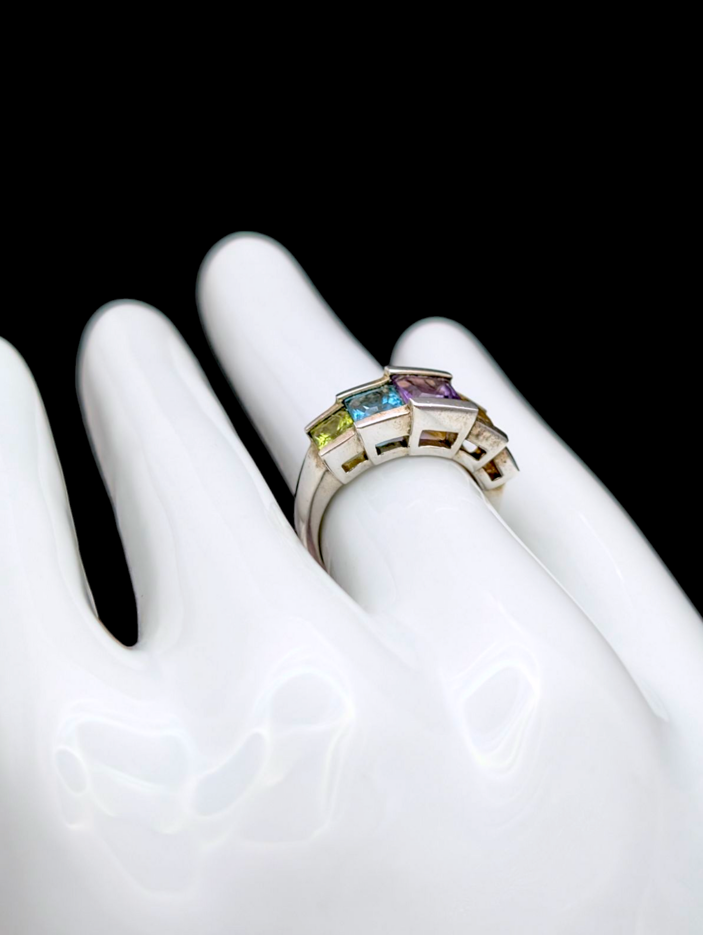 Vintage Princess Cut Rainbow Multi Gemstone Genuine Topaz, Citrine, Garnet, Amethyst and Peridot Sterling Silver Ring