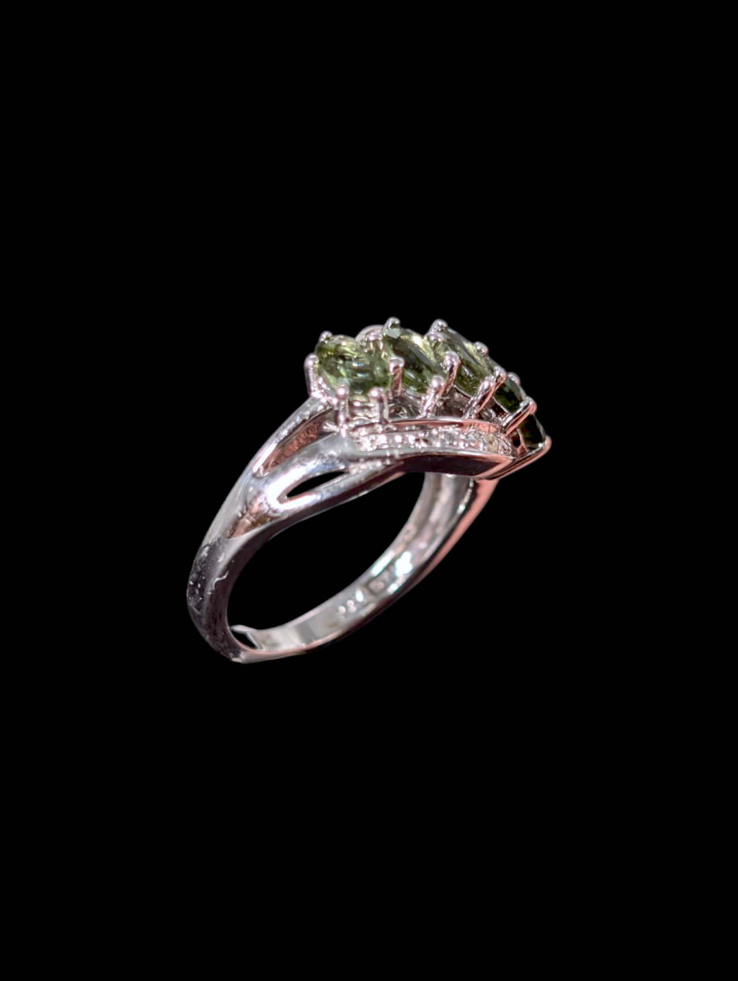 Vintage Multi-Stone 2 Carat Genuine Moldavite and Diamond Rhodium over Sterling Silver Ring