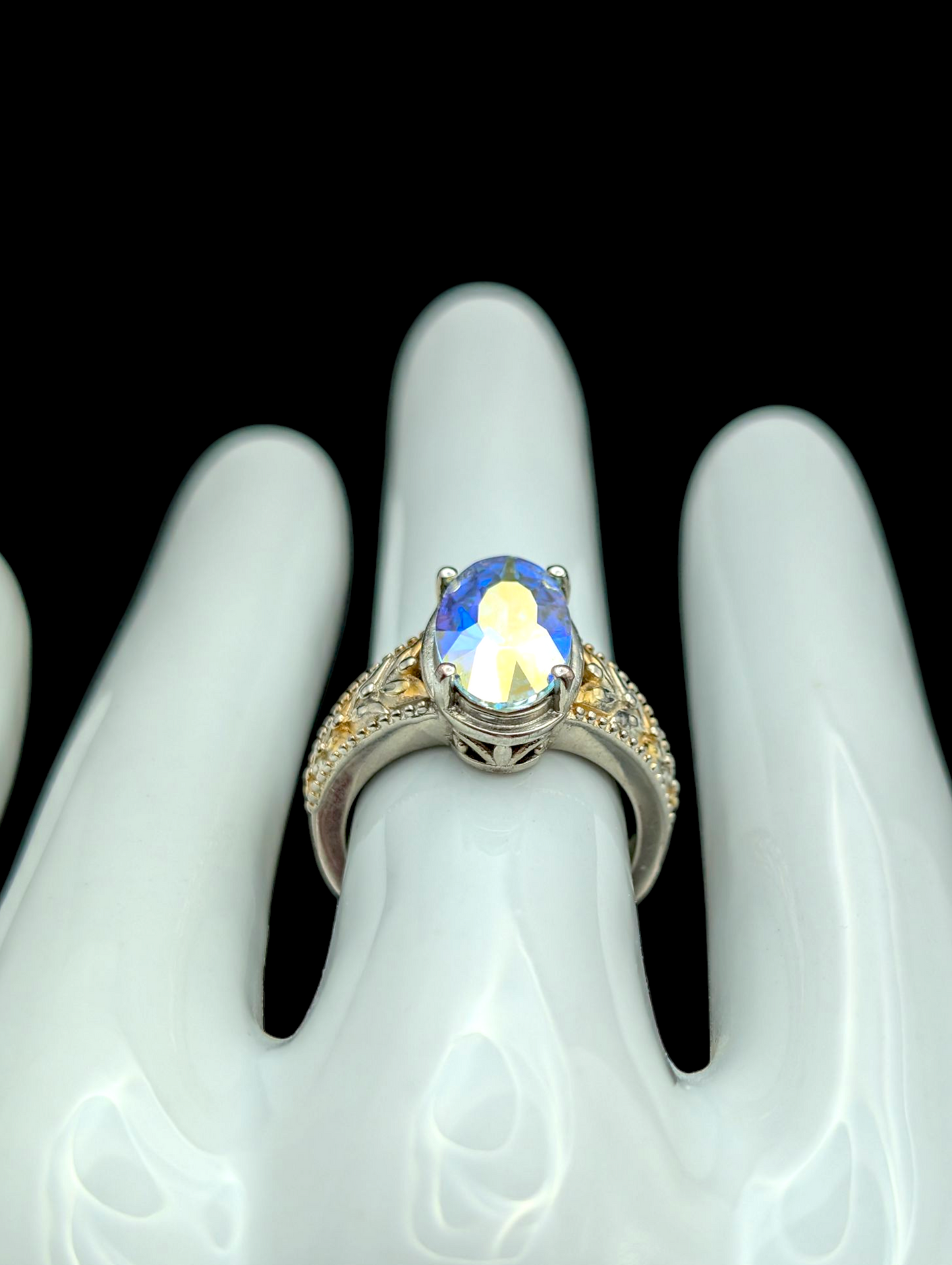 Vintage Dazzling Marquise Cut Solitaire Aurora Borealis Swarovski Crystal Sterling Silver and Gold Ring