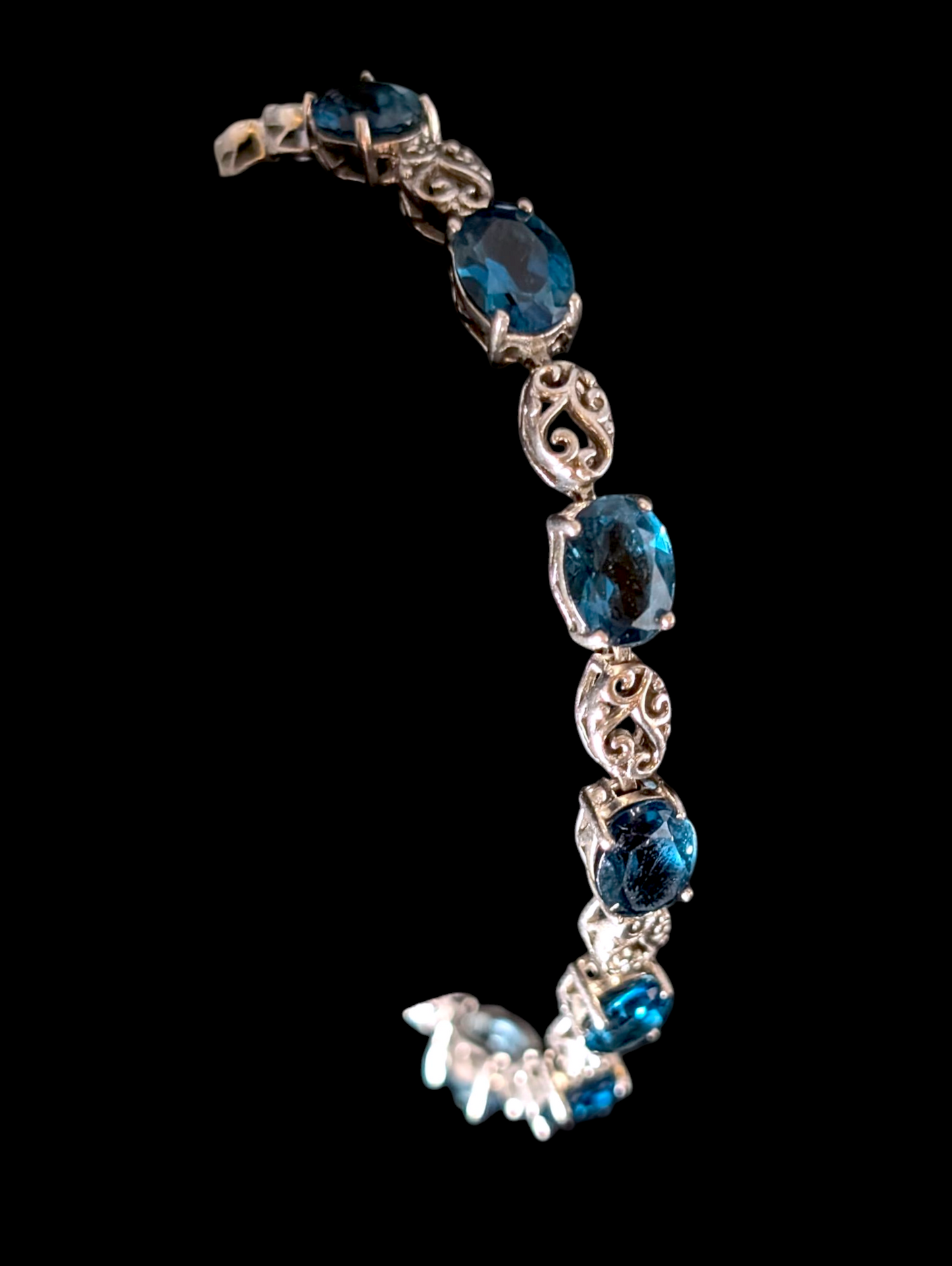 Vintage 8+ Carat Oval Cut Genuine London Blue Topaz Sterling Silver Tennis Bracelet