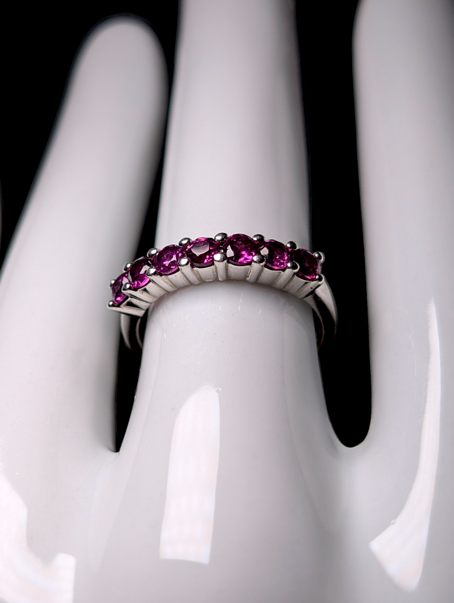 Vintage Half Eternity Band Round Cut Genuine Rhodolite Garnet Sterling Silver Ring