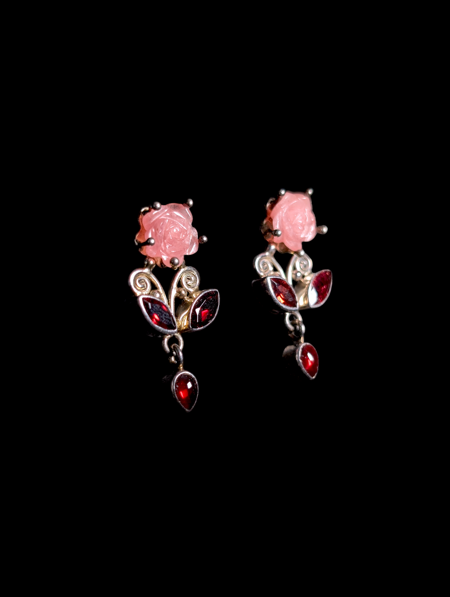 Vintage Bezel Set Genuine Garnet and Carved Rose Quartz Pink Roses Sterling Silver Stud Post Dangle Earrings