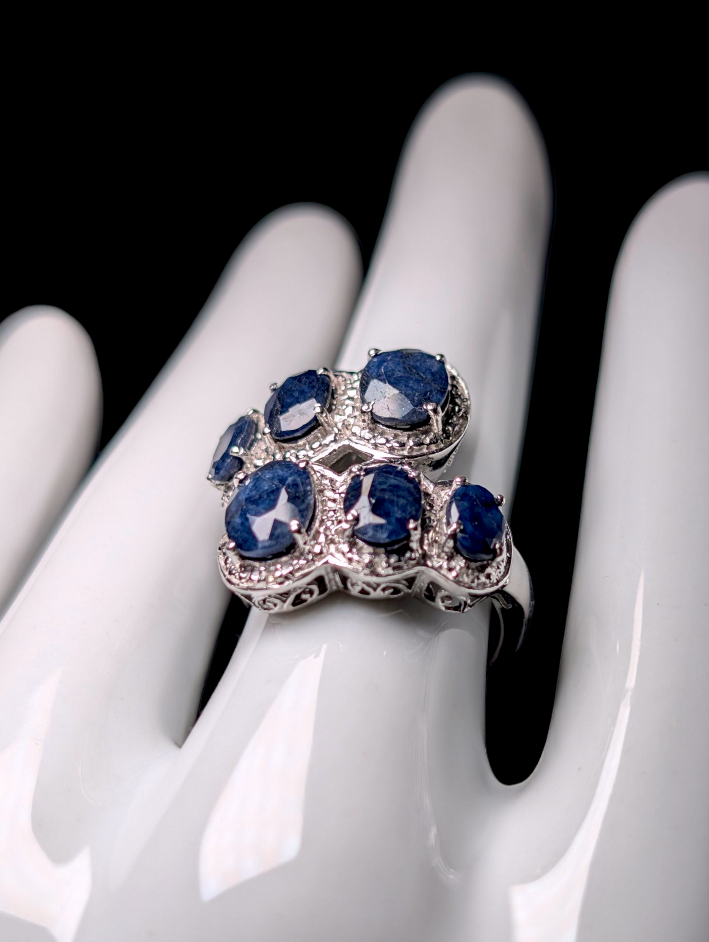 Vintage Graduating Oval Cut Earth Mined Genuine Blue Sapphire with Diamond Accent Stones Sterling Silver Wrap Ring