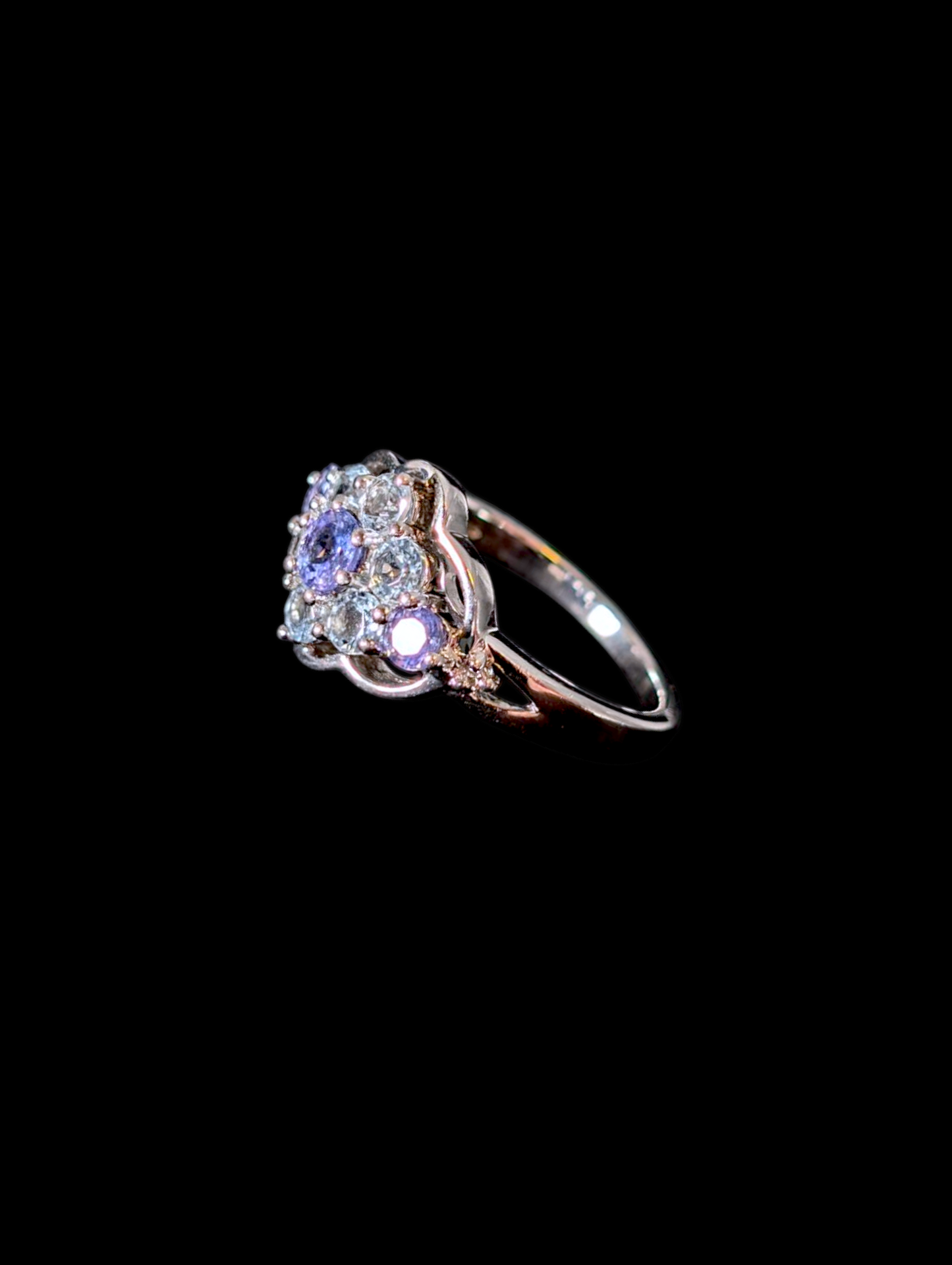 Vintage Cluster Genuine Tanzanite and Aquamarine with Diamond Accents Sterling Silver Ring