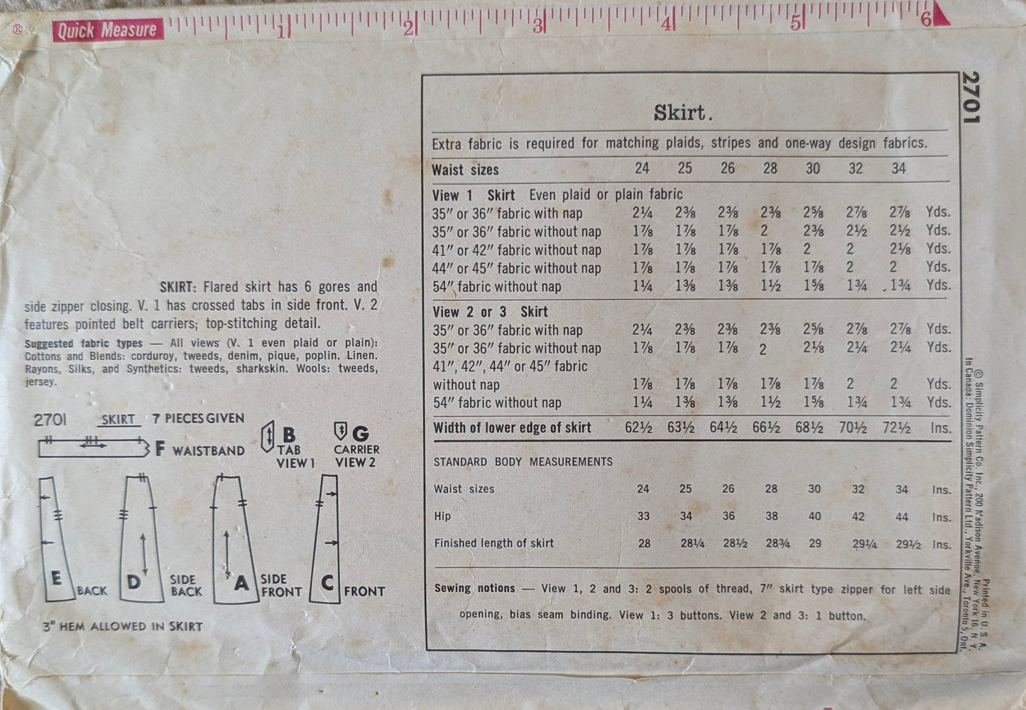 1950s Original Vintage Sewing Pattern: Simplicity 2701 Waist 30"