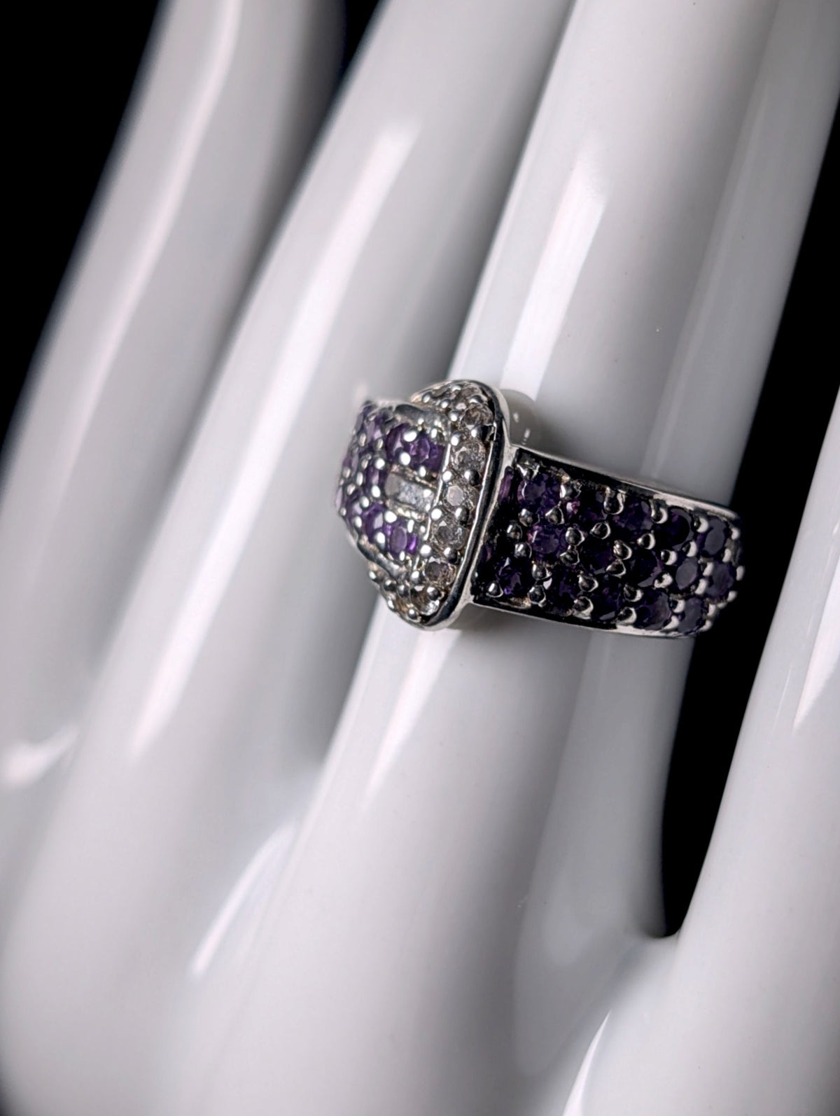 Vintage Genuine Amethyst and White Sapphire Belt Sterling Silver Ring