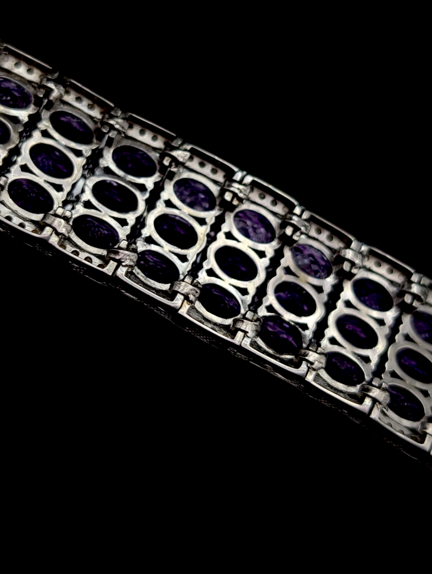 Vintage Multi Row 28+ Carat Earth Mined Genuine Oval Cut Amethyst and Diamond Sterling Silver Statement Tennis Bracelet