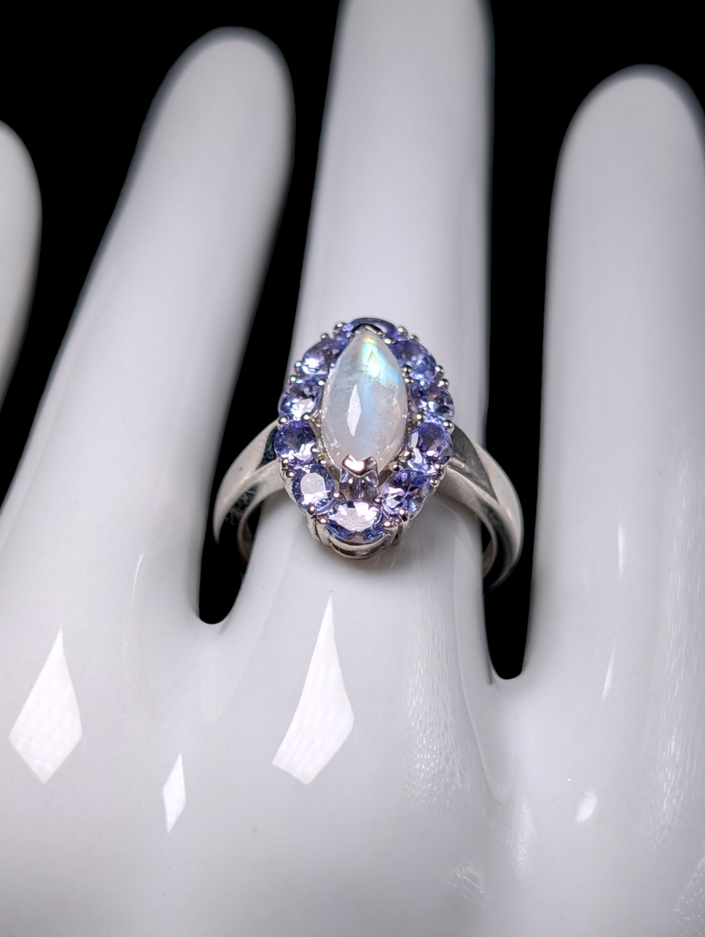 Vintage Mystical Marquise Cabochon Genuine Rainbow Moonstone and Tanzanite Sterling Silver Ring