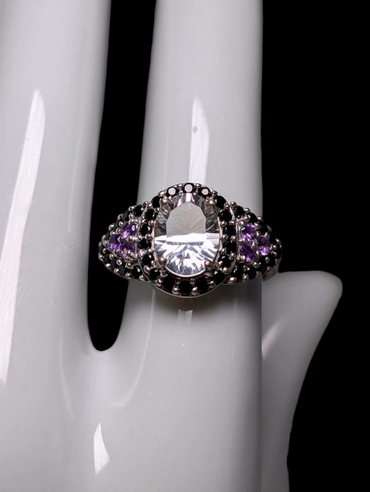 Vintage Oval Cut Earth Mined Genuine Rock Crystal Quartz Solitaire with Black Onyx Halo and Amethyst Accents Sterling Silver Ring